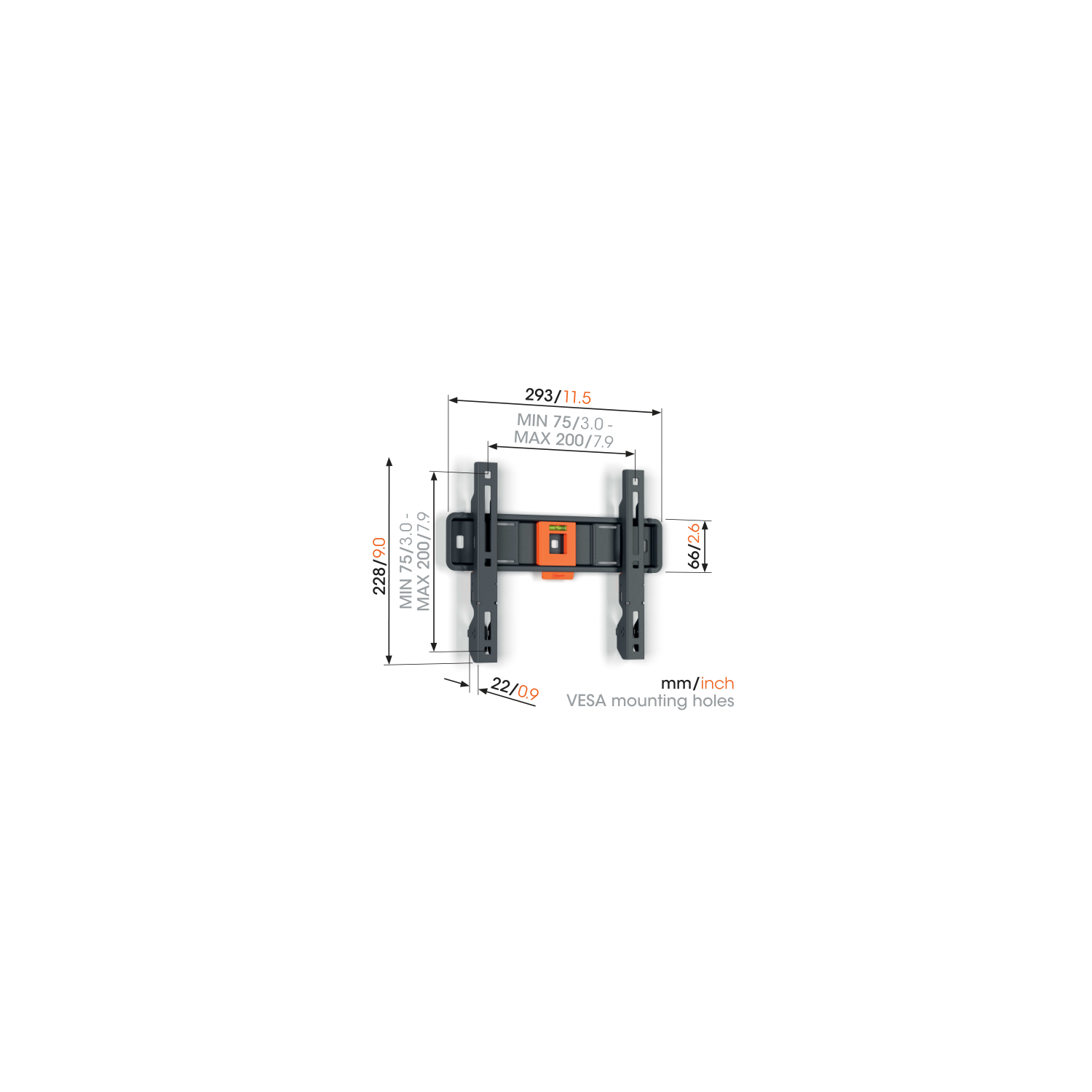 A black and orange VESA mount with dimensions in mm and inches. The mount has dimensions and VESA mounting holes.