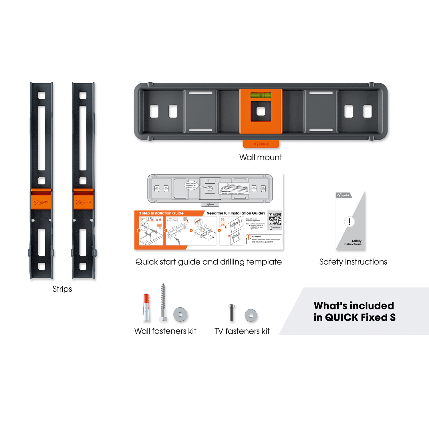 Image shows parts of a TV wall mount kit: strips, wall mount, guide, safety instructions, fasteners. All on a white background.