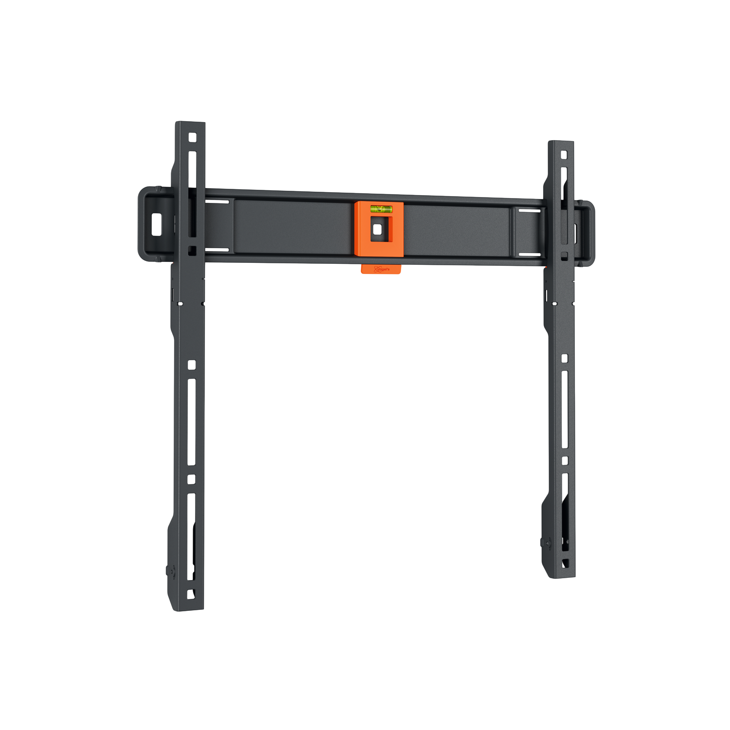 A black TV wall mount. It has two vertical bars with multiple holes, and a horizontal bar with an orange level.