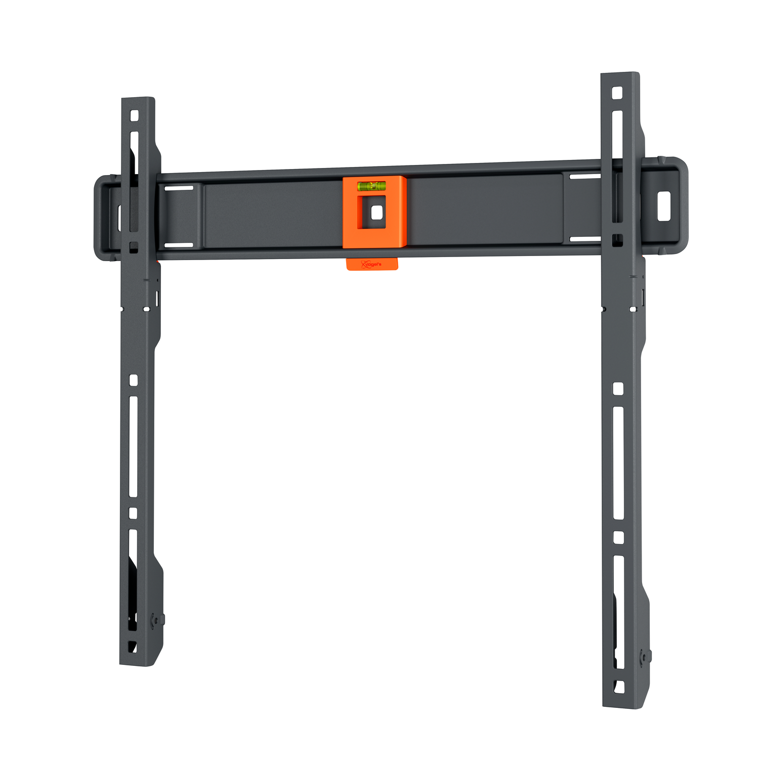 A gray TV wall mount with two vertical bars and a horizontal bar. An orange level is attached to the center of the horizontal bar.