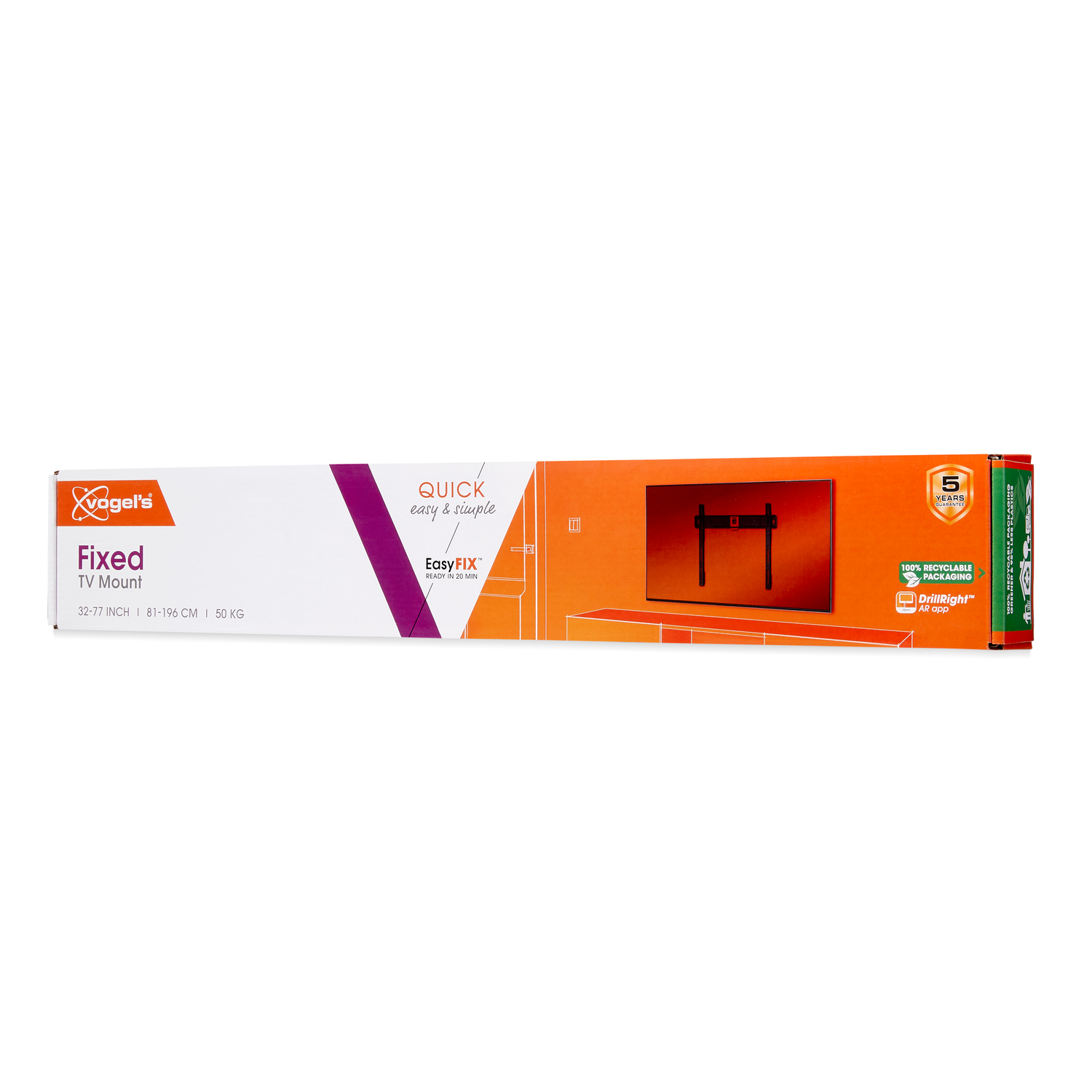 A Vogel's TV mount box is shown. It's white with orange and purple accents. Text includes 'Fixed TV Mount', and 'Quick, easy & simple'.