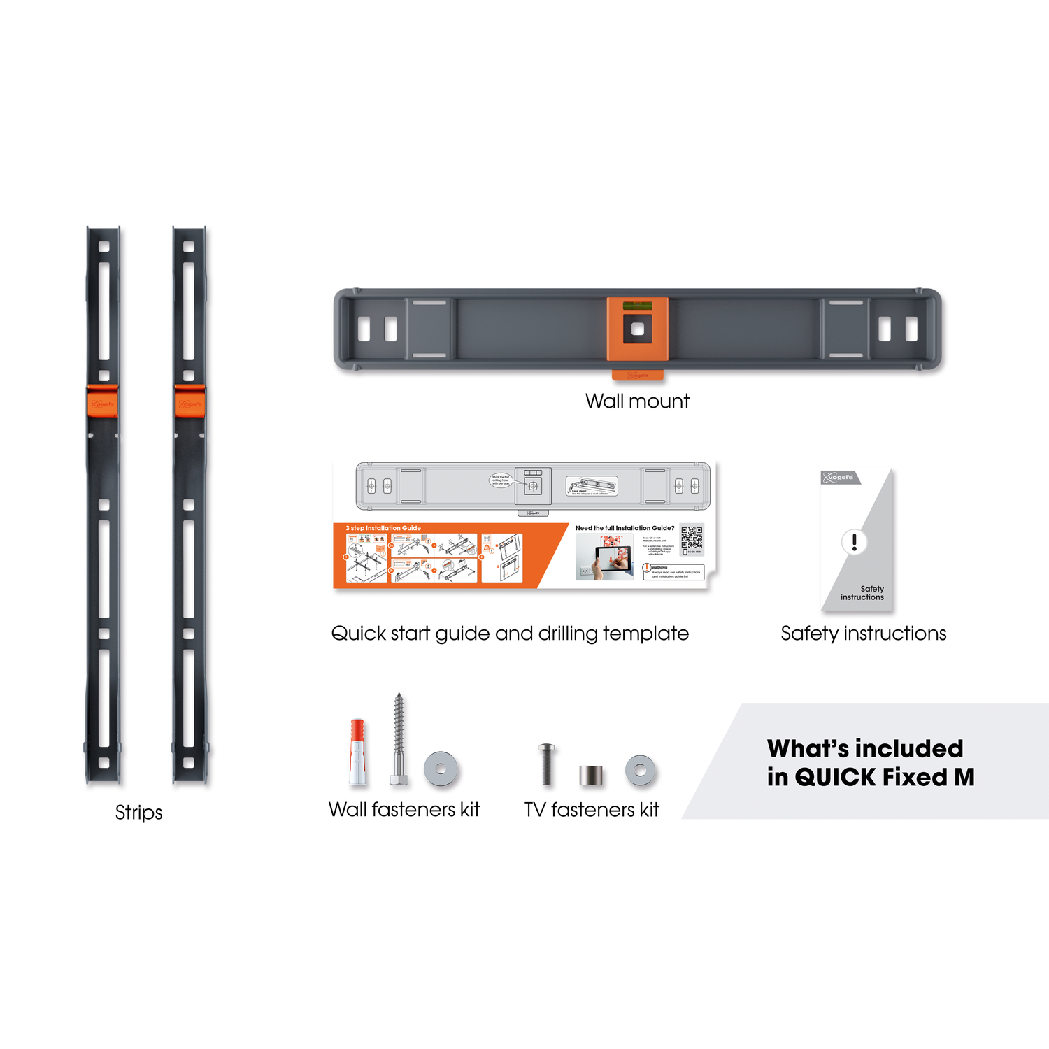 Image shows components of a TV wall mount kit: strips, wall mount, guide, safety instructions, screws, and fasteners.