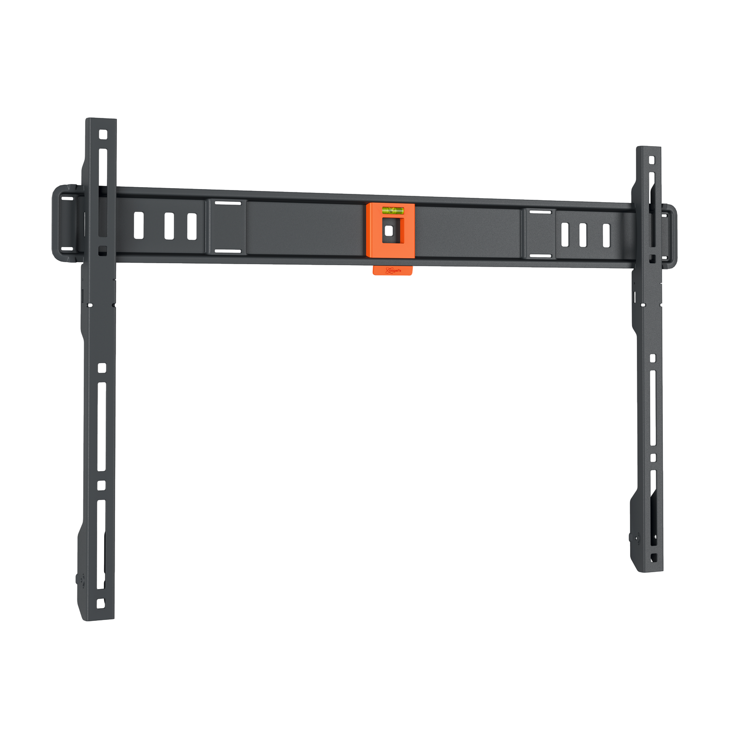 A dark grey TV wall mount, with an orange level. It has multiple holes and slots for adjustment, against a black background.