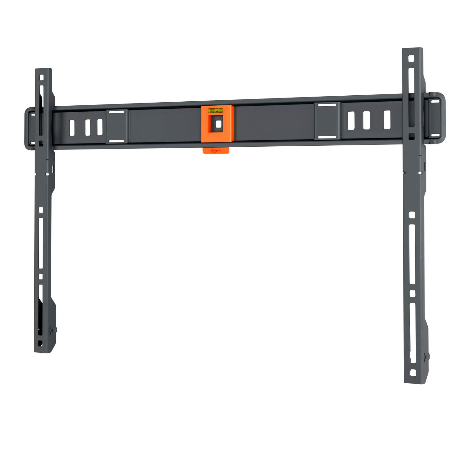 A gray TV wall mount with an orange level, against a white background. It has multiple holes for adjustments and mounting.