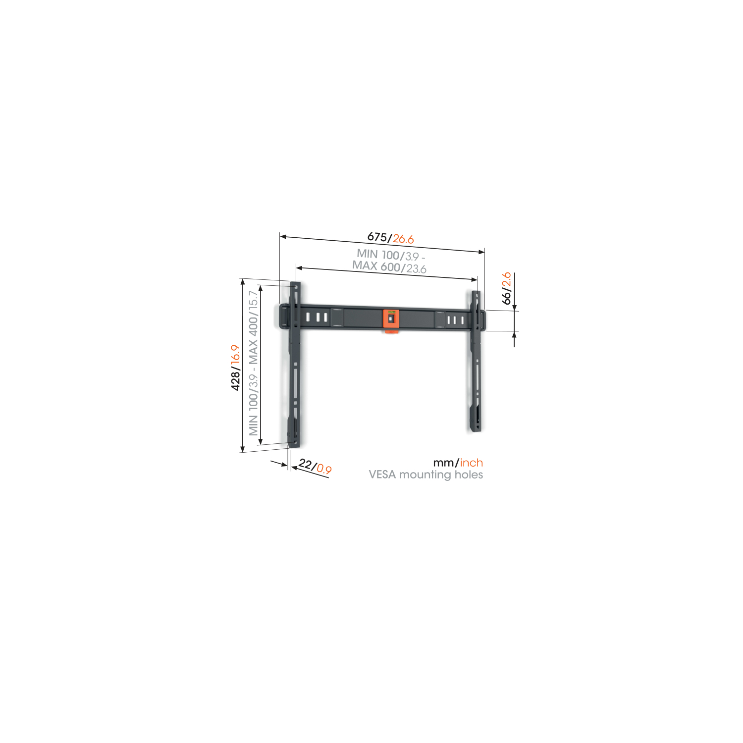A black and orange VESA TV mount with measurements in mm/inch. Dimensions are provided for height, width, and hole spacing.
