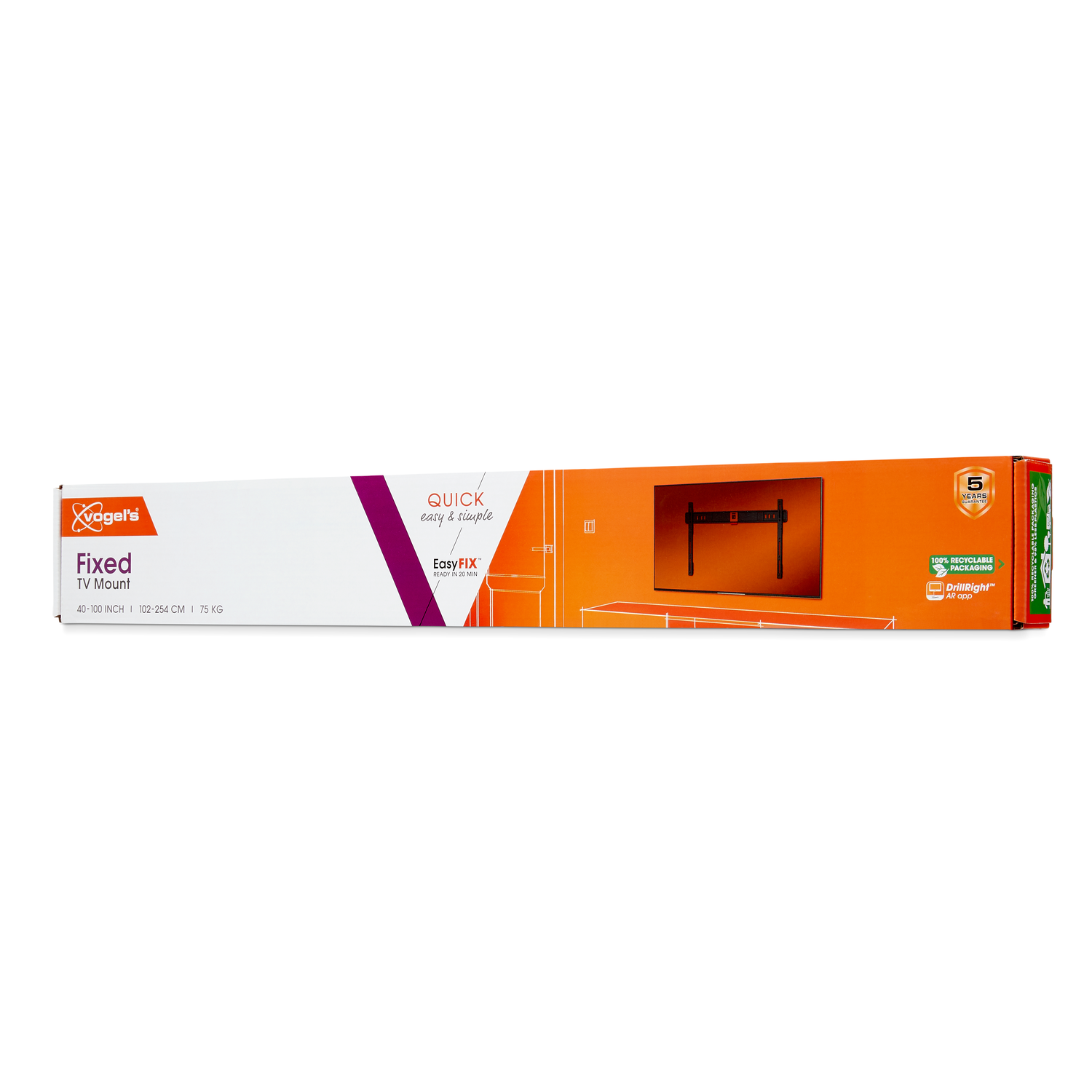 A Vogel's TV mount box is displayed. It is white and orange, with text about the product and a picture of a TV mount.