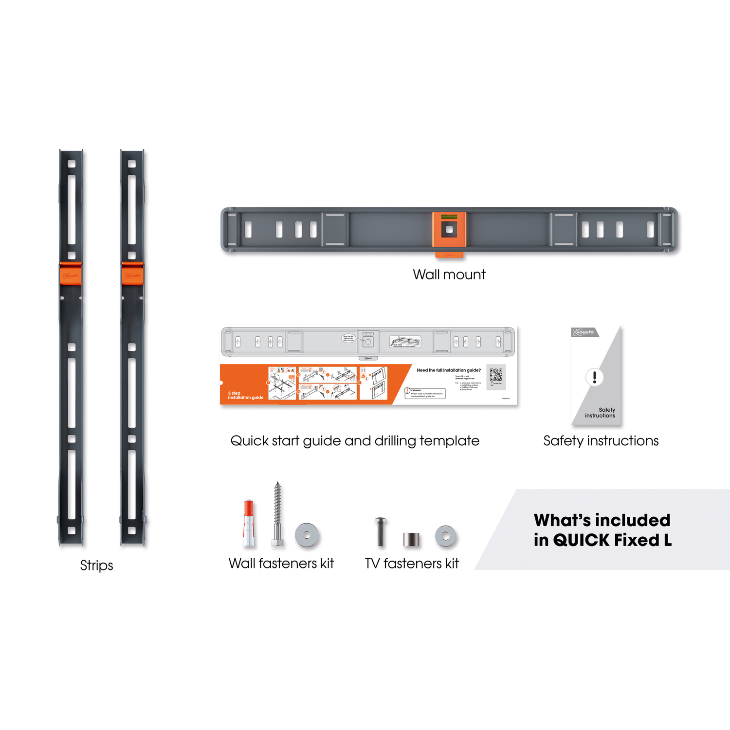 Components of a wall mount kit: strips, wall mount, quick start guide, fasteners, and safety instructions.