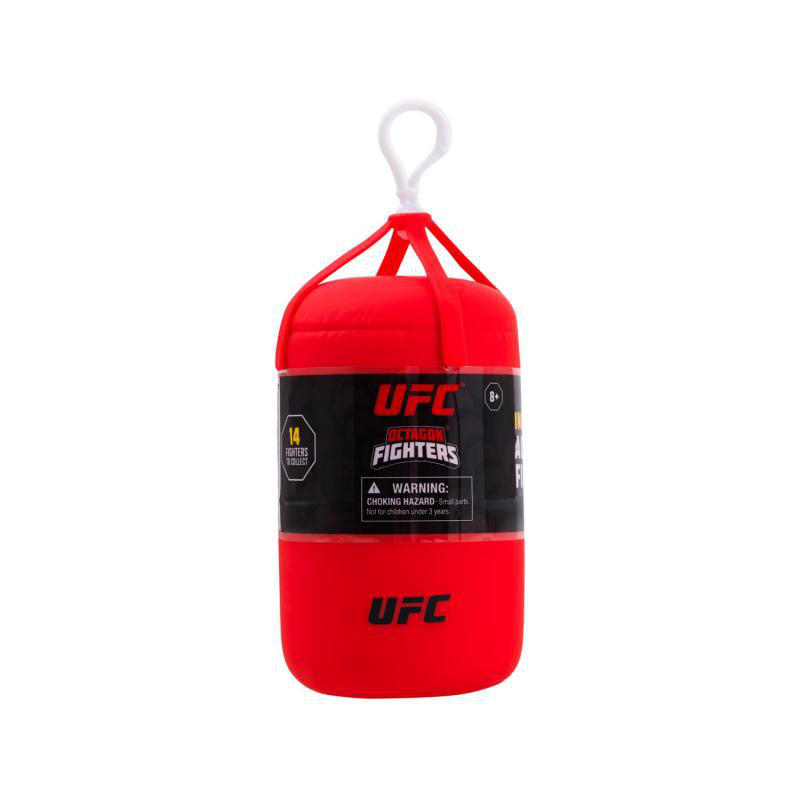 Ein roter UFC-Spielzeugbehälter mit weißem Griff. Er hat schwarze Etiketten mit dem UFC-Logo und Text, sowie einem Warnhinweis.