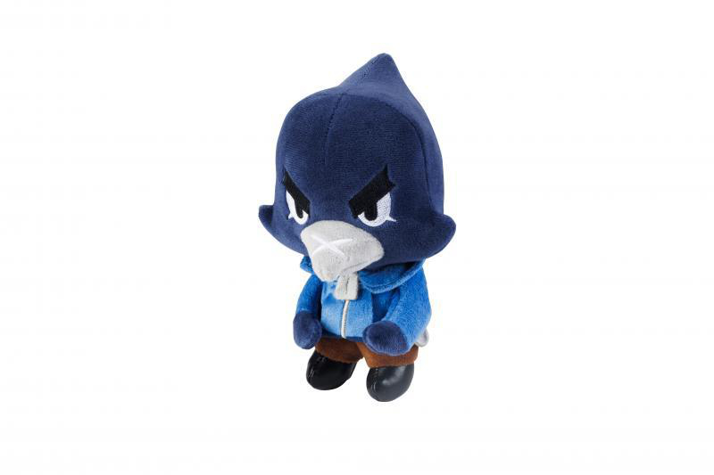 Ein Plüschtier einer vogelartigen Figur in Blau mit dunkelblauem Kopf, blauer Jacke, brauner Hose und schwarzen Schuhen.