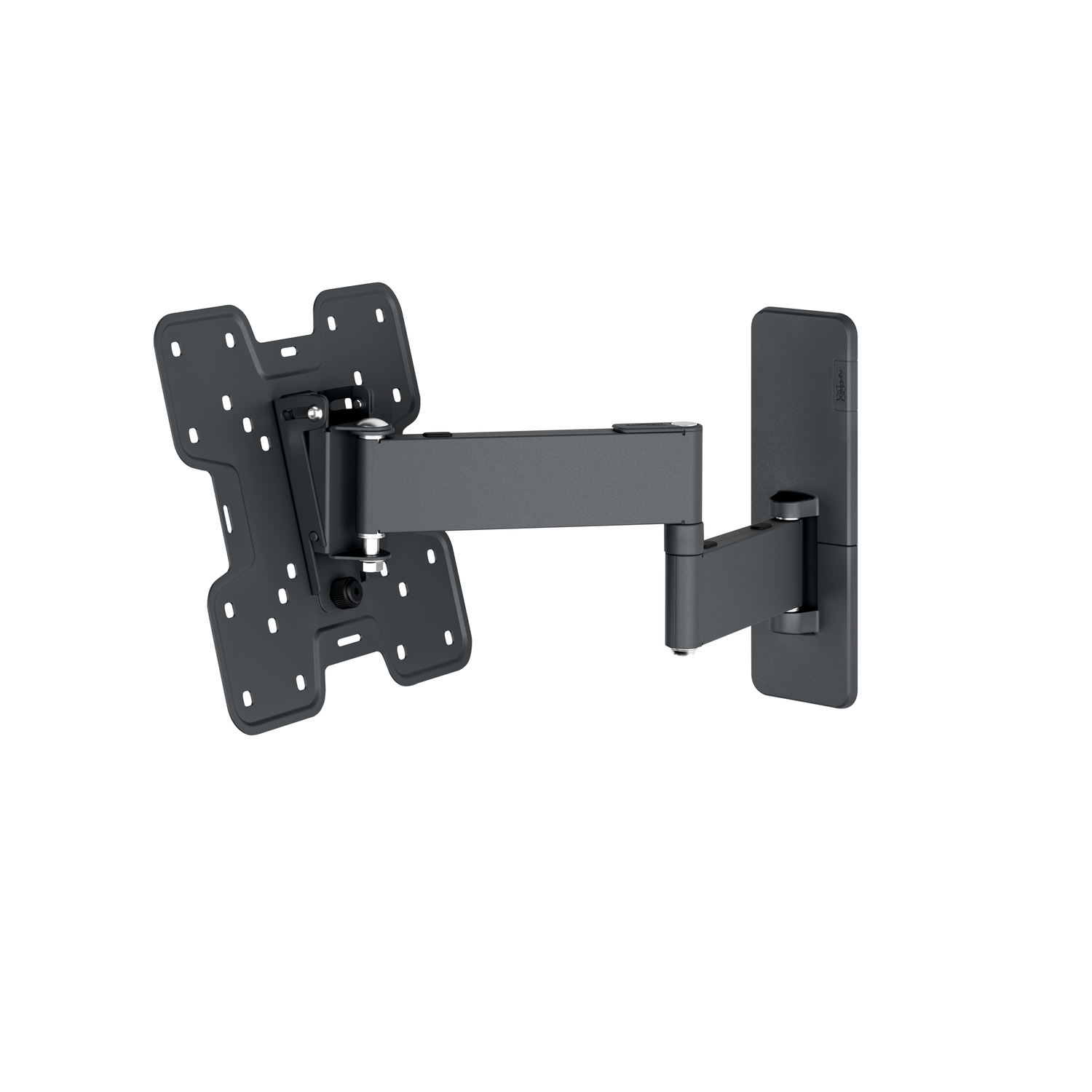 A dark gray, articulating TV mount. It has two main parts, a wall mount and a TV bracket, connected by a pivoting arm.