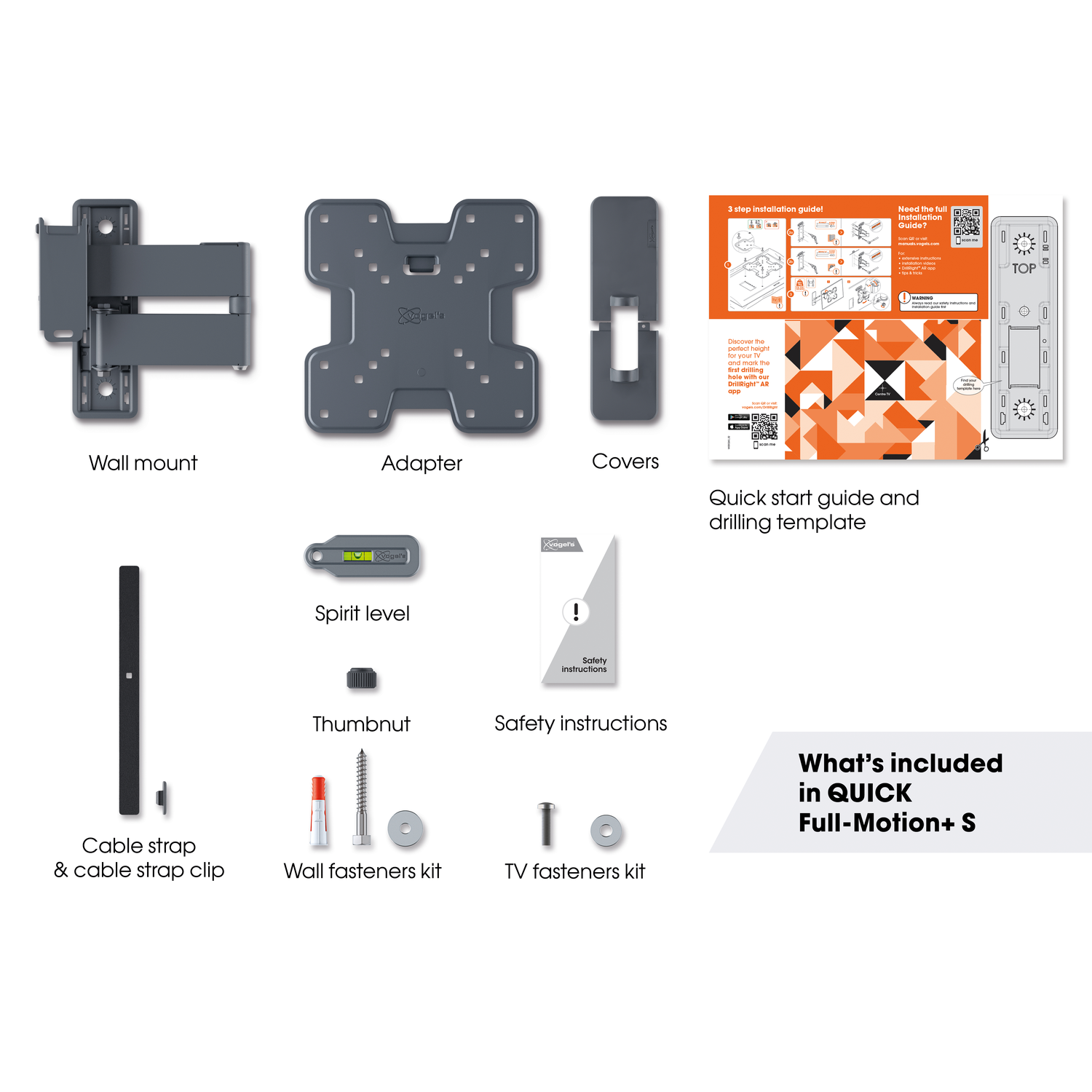 Various parts of a TV mount kit are displayed, including a wall mount, adapter, covers, and a quick start guide.