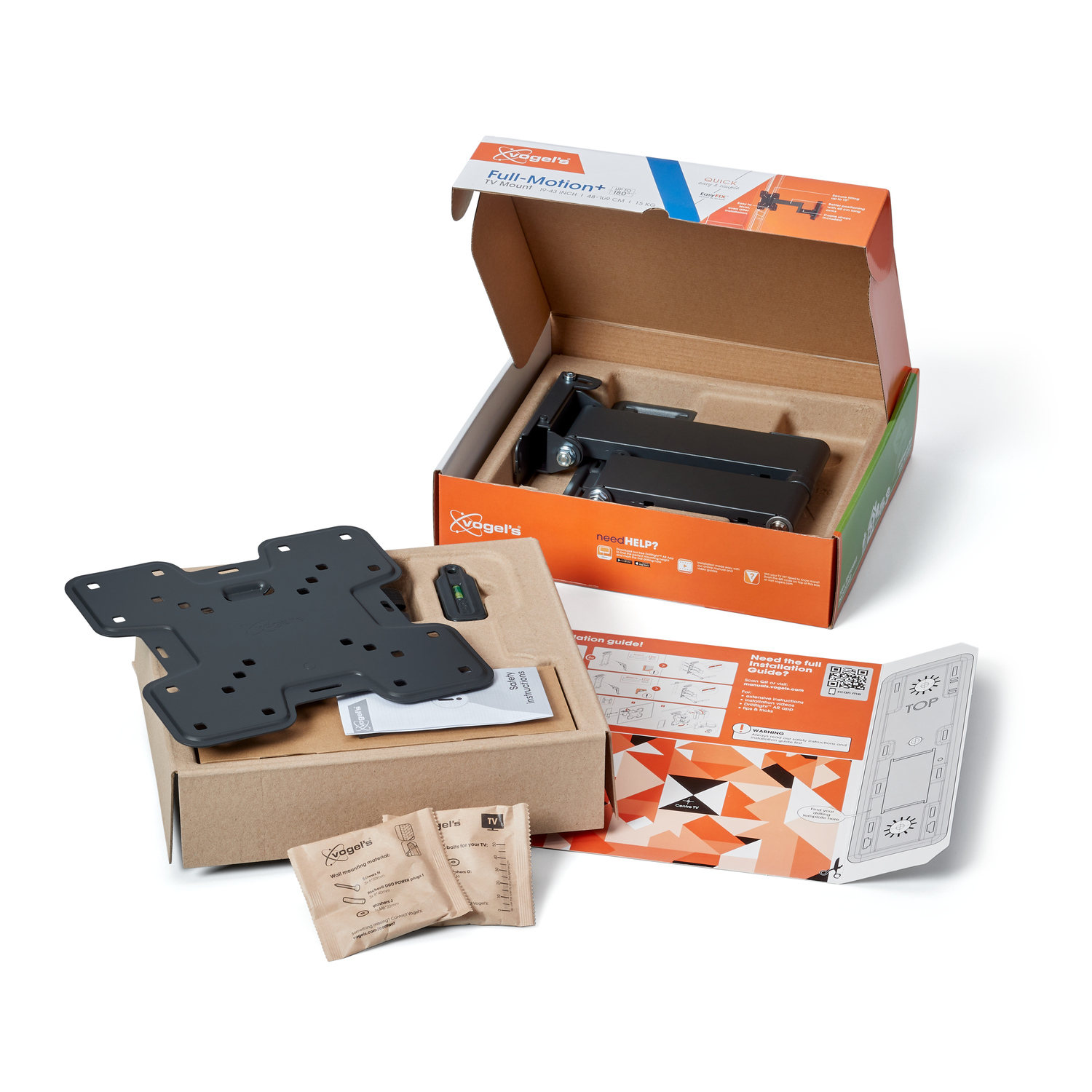 A TV mount kit with boxes, components, and instructions. Boxes are open, revealing a black mount, screws, and a level.