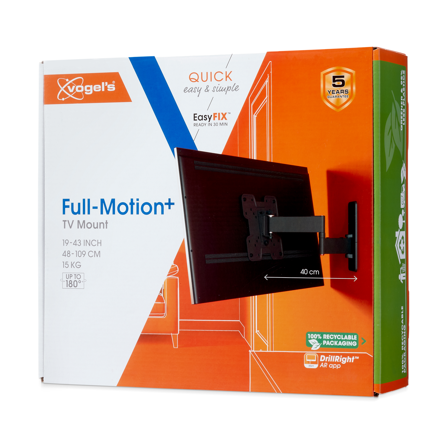 A box with a TV mount. It's a Full-Motion+ mount, Vogel's brand. The box shows specs and a 5-year guarantee.