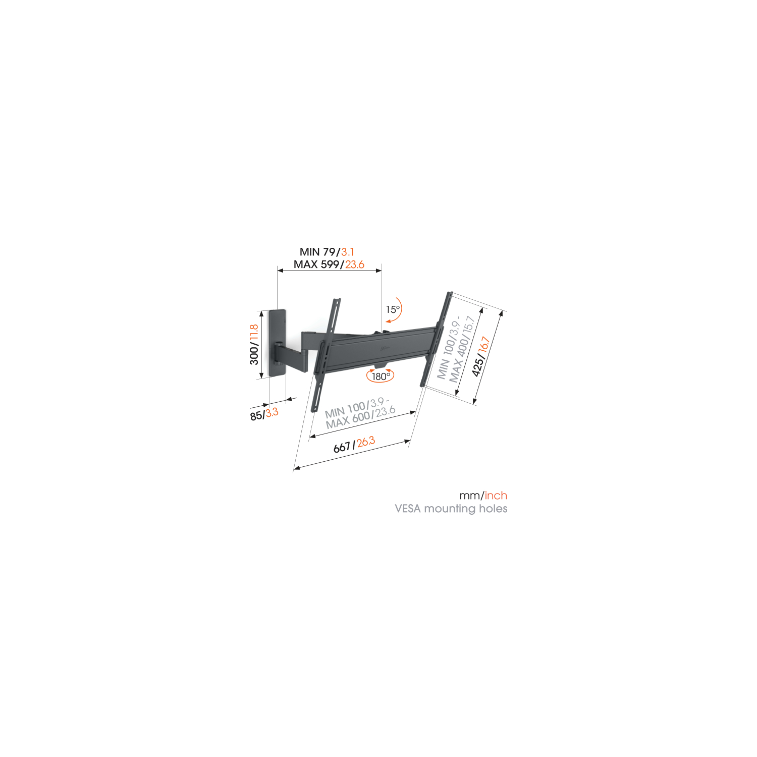 Diagram van een tv-muurbeugel met afmetingen in mm/inch. Toont maten zoals 300/11.8, 667/26.3 en hoeken van 15 en 180 graden.