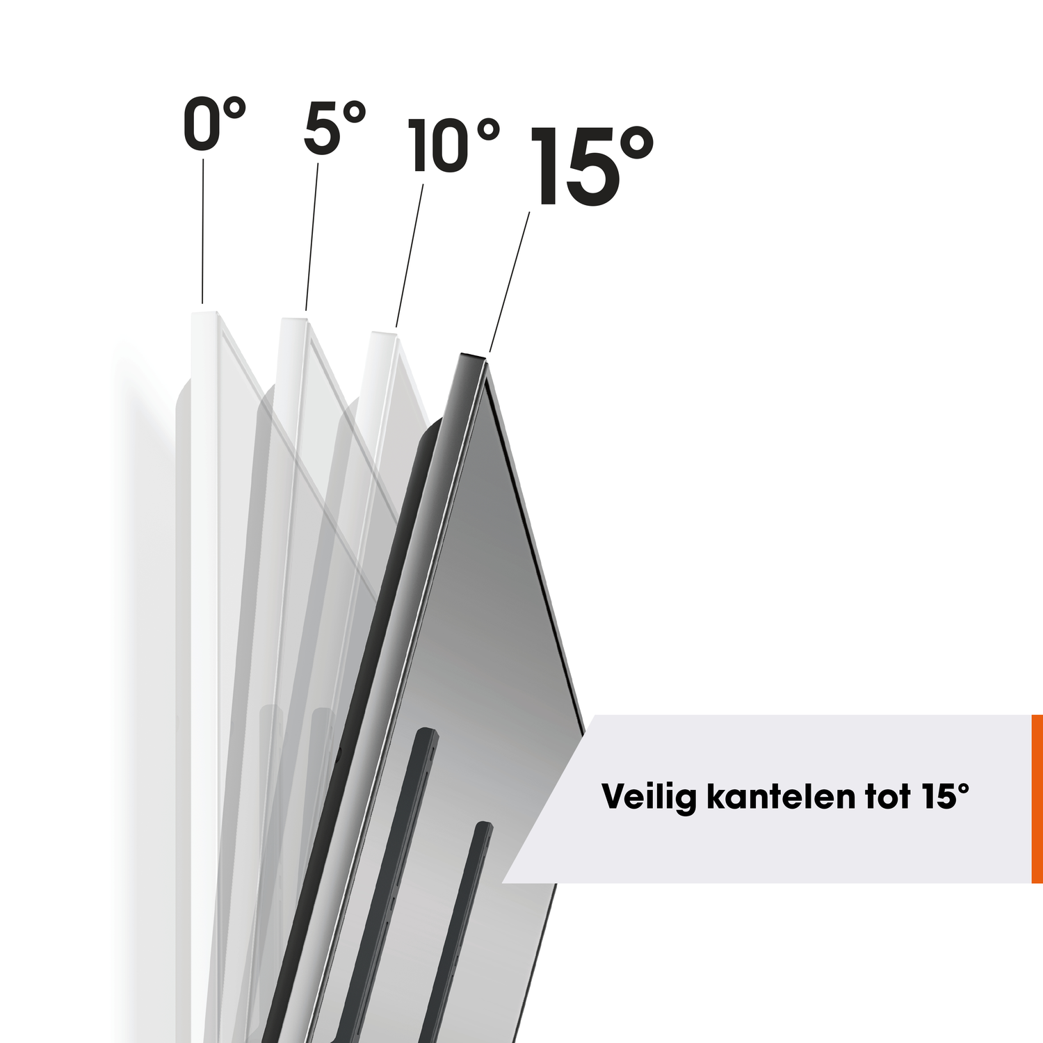 Afbeelding toont een apparaat gekanteld in verschillende hoeken (0, 5, 10, 15 graden). Tekst zegt veilig kantelen tot 15 graden.