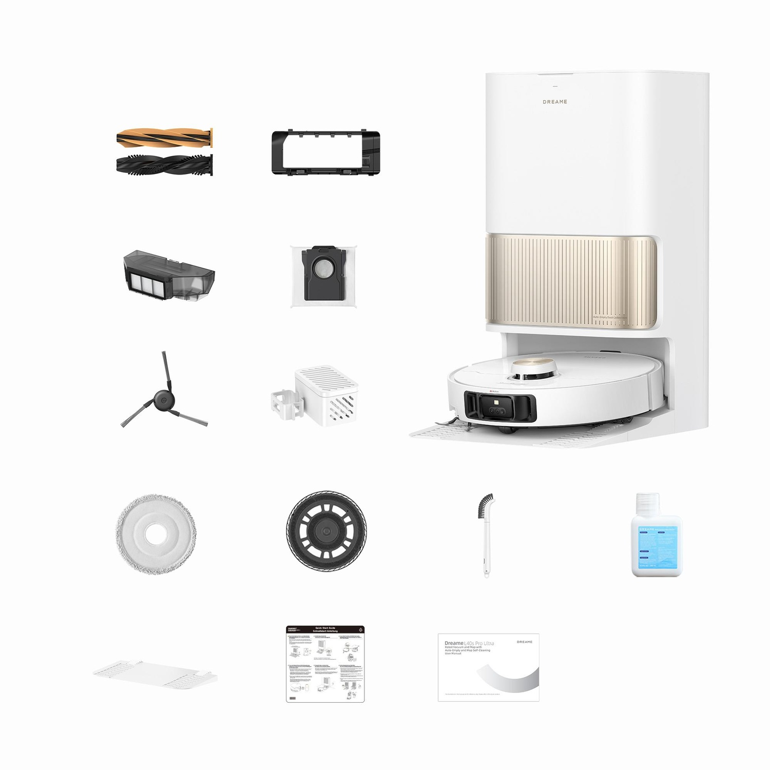 Un aspirapolvere robot Dreame L40s Pro Ultra bianco e oro e i suoi vari componenti, tra cui spazzole, filtri e soluzione detergente.