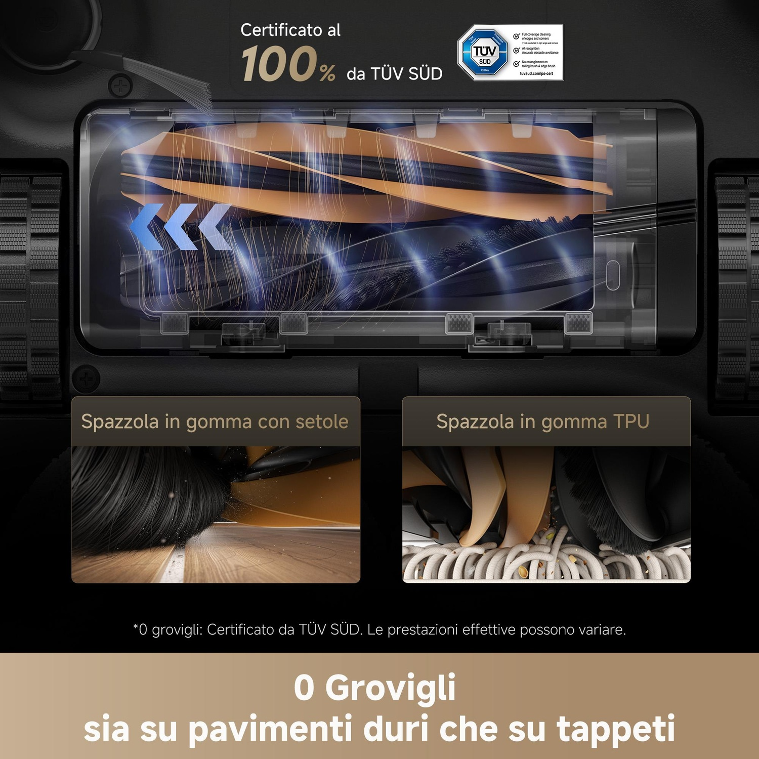 Un aspirapolvere nero e grigio con sezione trasparente che mostra spazzole. Il testo include "100%", "TUV SUD" e "0 grovigli".
