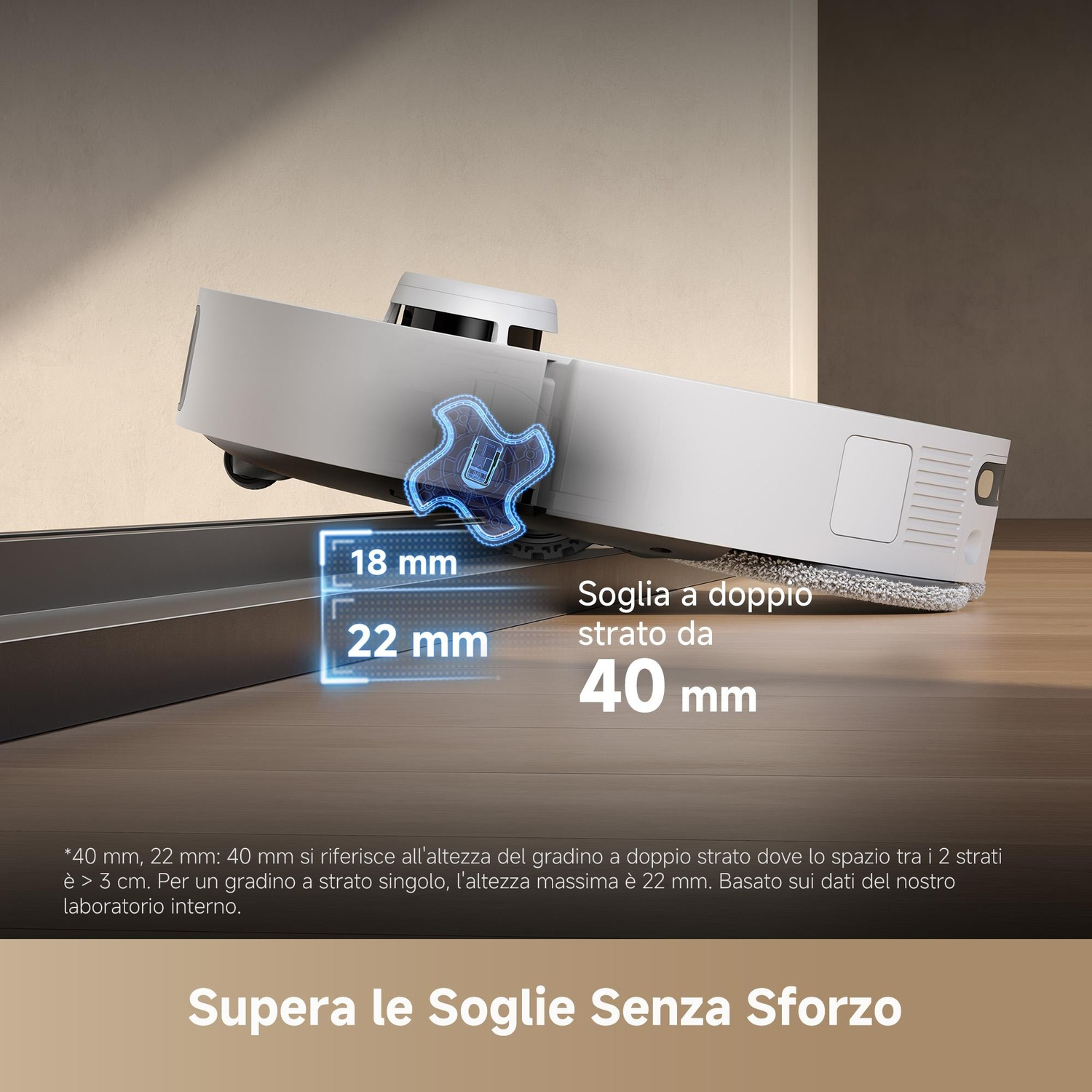 Robot aspirapolvere che sale un gradino. Il testo mostra 18mm/22mm spazio gradino e soglia a doppio strato di 40mm. Il testo dice 'Supera le Soglie Senza Sforzo'.
