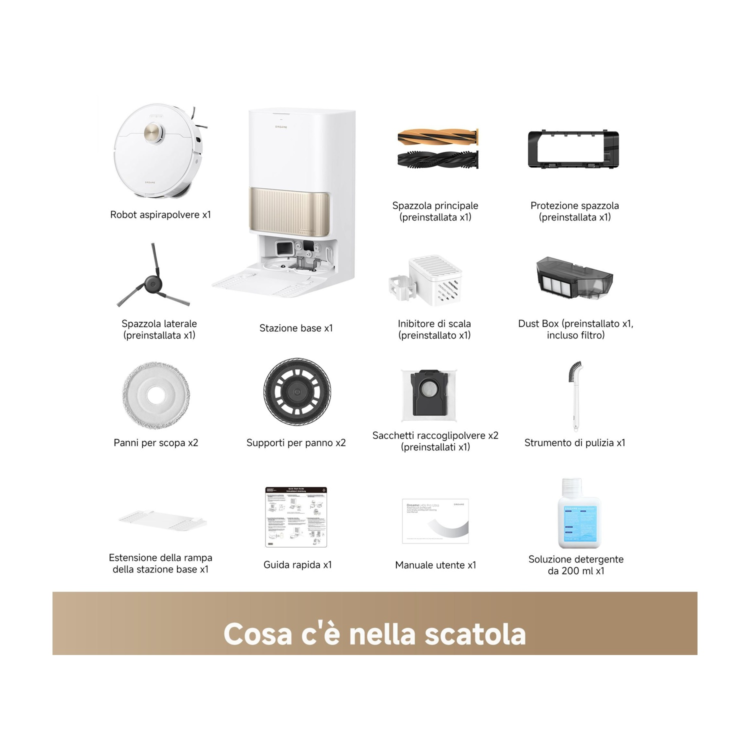 L'immagine mostra un robot aspirapolvere e i suoi accessori, tra cui una stazione base, spazzole e soluzione detergente.