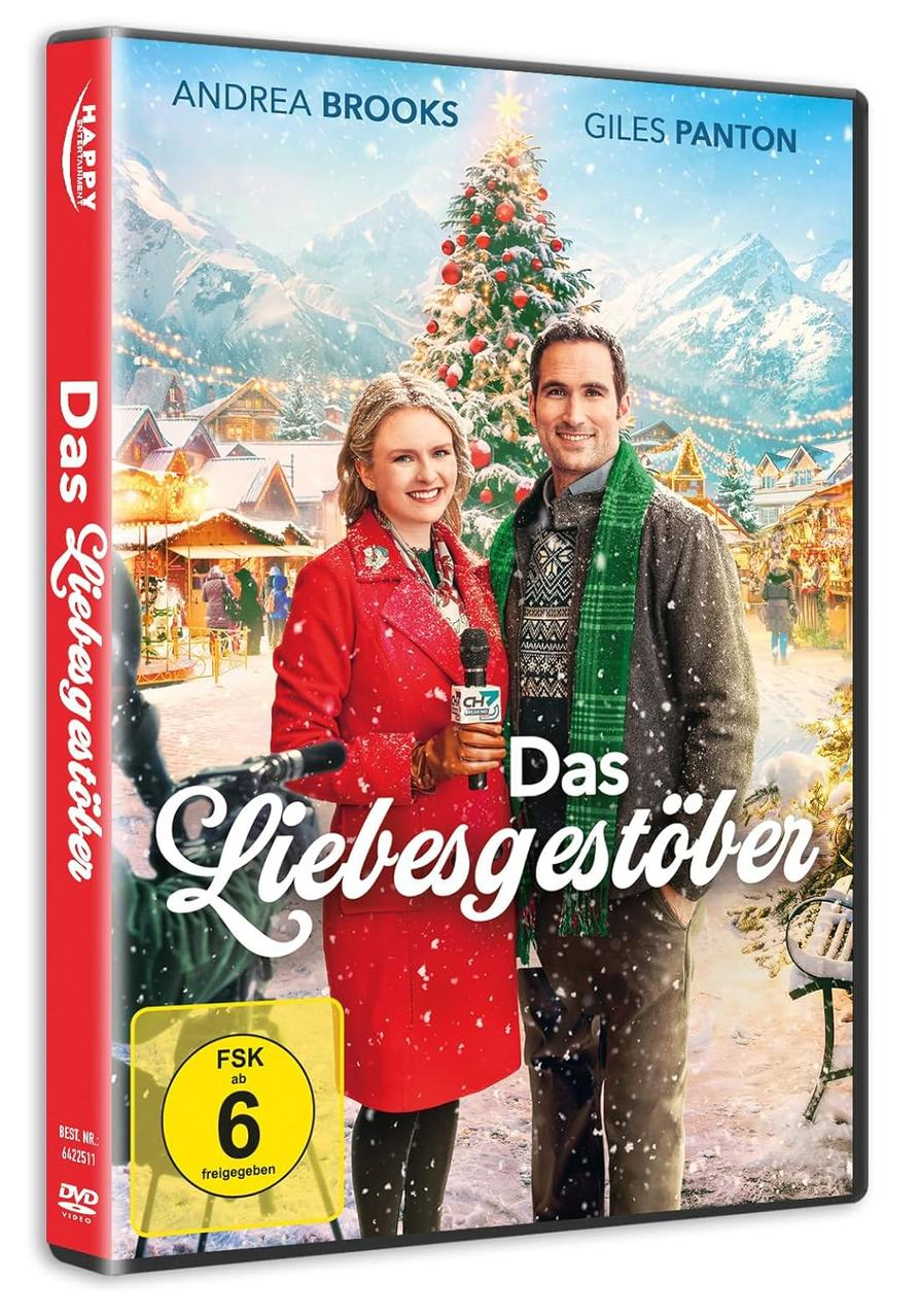 DVD-Cover mit Mann und Frau. Titel "Das Liebesgestöber". Weihnachtsbaum und schneebedecktes Dorf im Hintergrund.