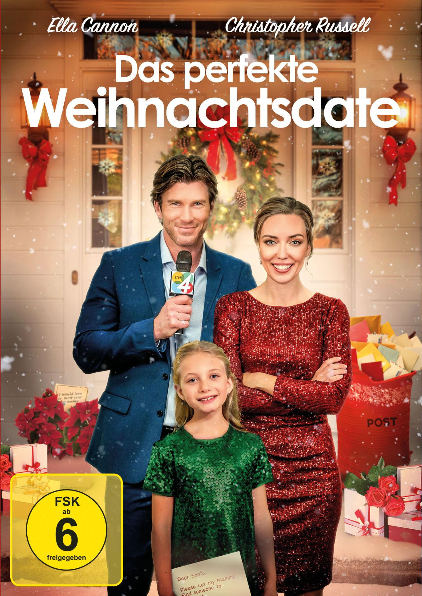 Filmposter mit drei Personen und einem Kind. Der Titel lautet 'Das perfekte Weihnachtsdate'. Weihnachtsdekorationen sind sichtbar.