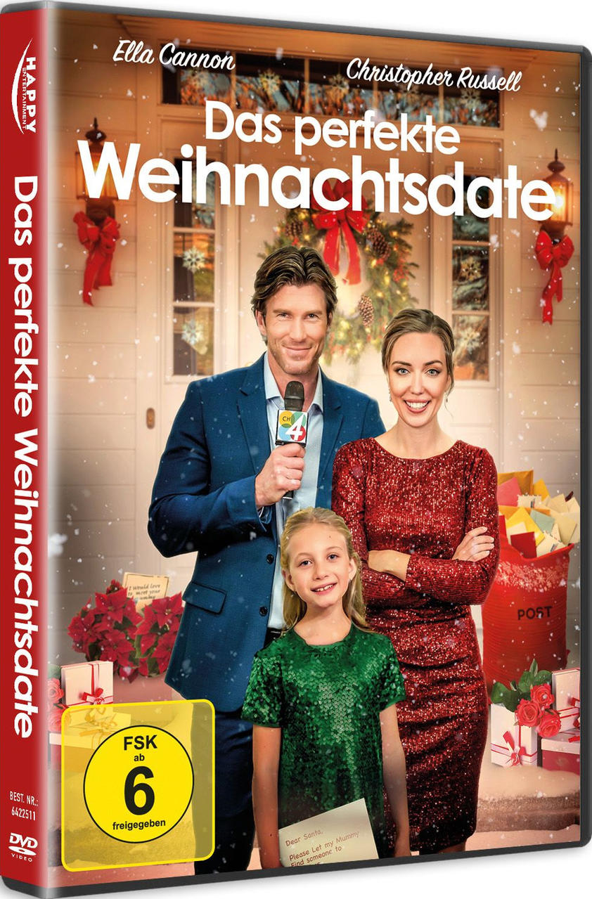 DVD-Cover: Ein Mann, eine Frau und ein Kind stehen vor einer dekorierten Tür. Titel: Das perfekte Weihnachtsdate. Festliche Weihnachtsdekoration.