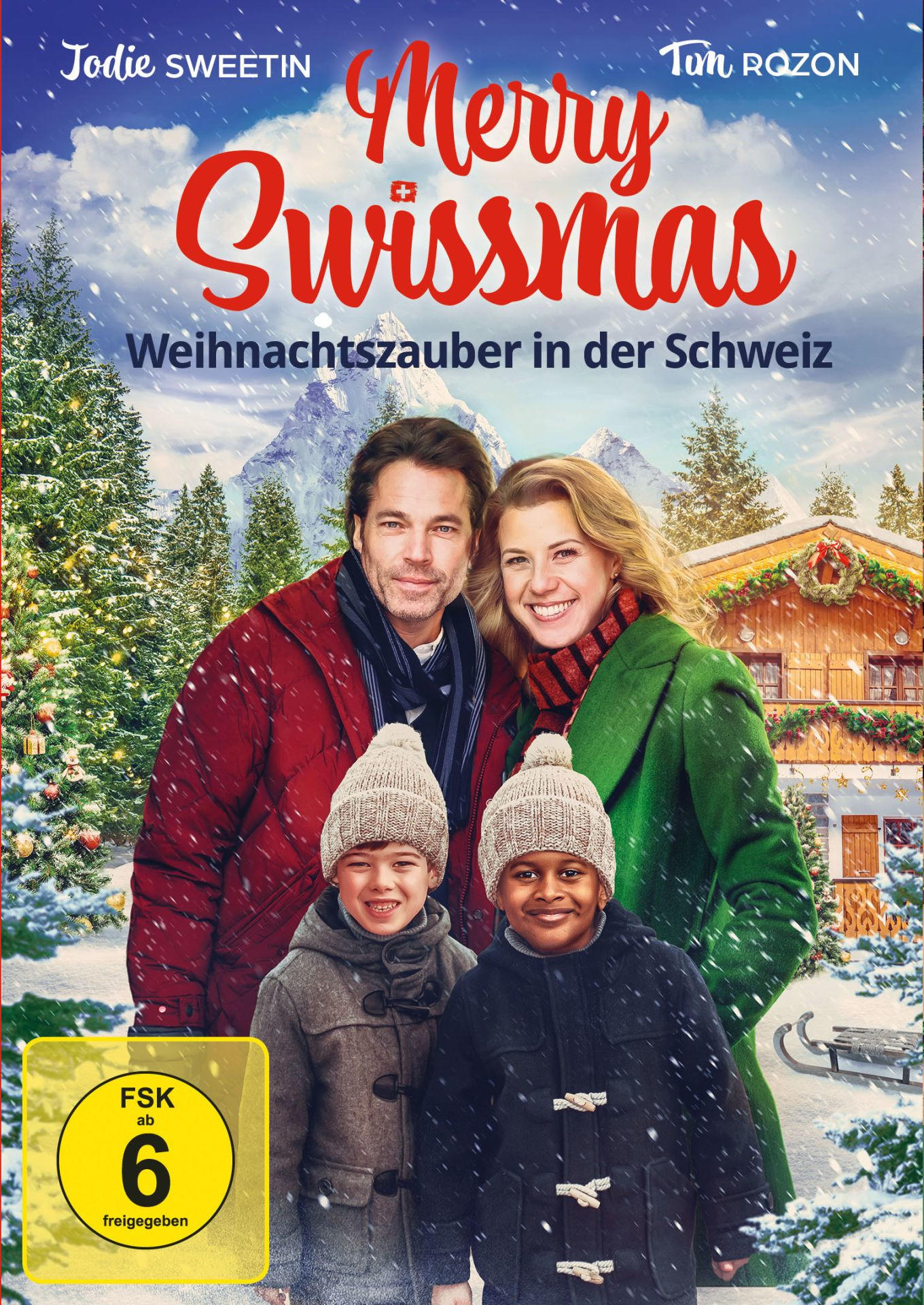 Filmposter: Familie in Winterkleidung, Schnee, ein Haus und Berge im Hintergrund. Der Titel lautet Merry Swissmas.