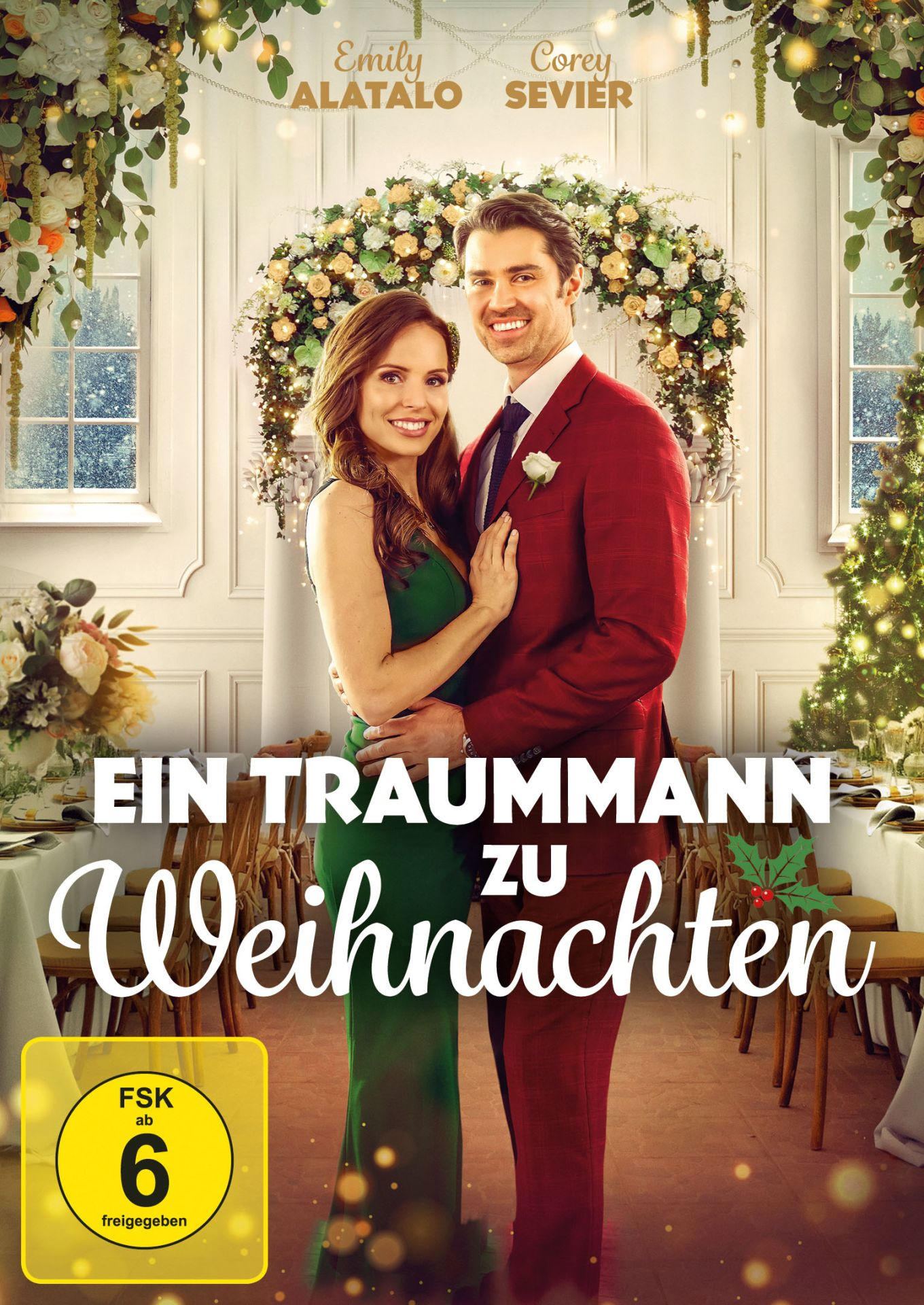 Filmposter. Ein Paar umarmt sich. Der Mann trägt einen roten Anzug, die Frau ein grünes Kleid. Text: Ein Traummann zu Weihnachten.