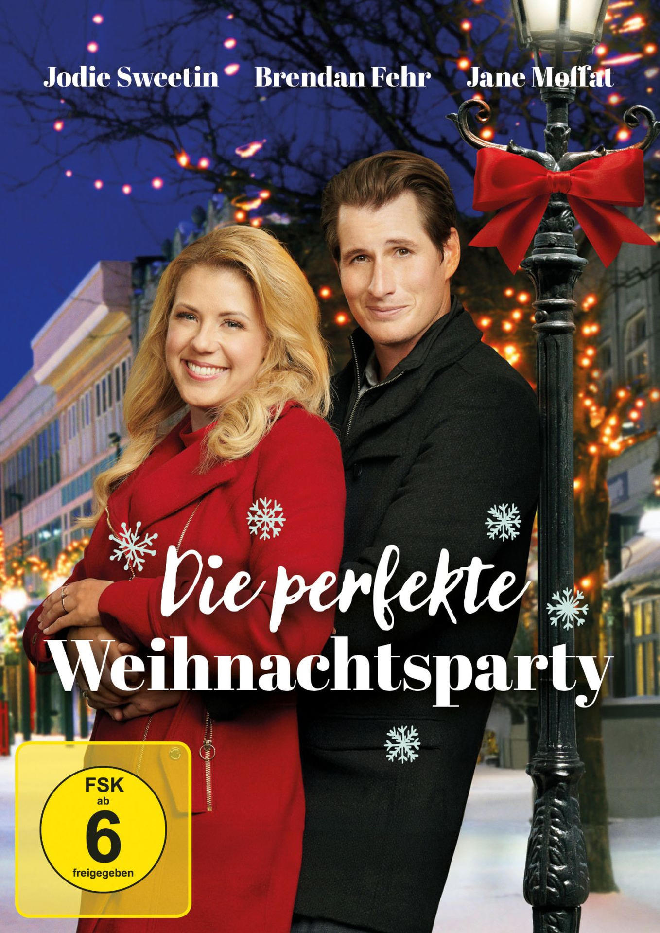 Filmposter mit einem Paar vor einer dekorierten Straße. Der Titel lautet "Die perfekte Weihnachtsparty".