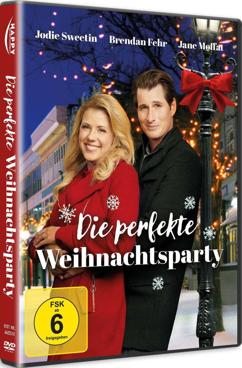 DVD-Cover für 'Die perfekte Weihnachtsparty'. Es zeigt eine Frau in einem roten Mantel mit einem Mann. Weihnachtslichter und eine Straßenlaterne sind hinter ihnen.