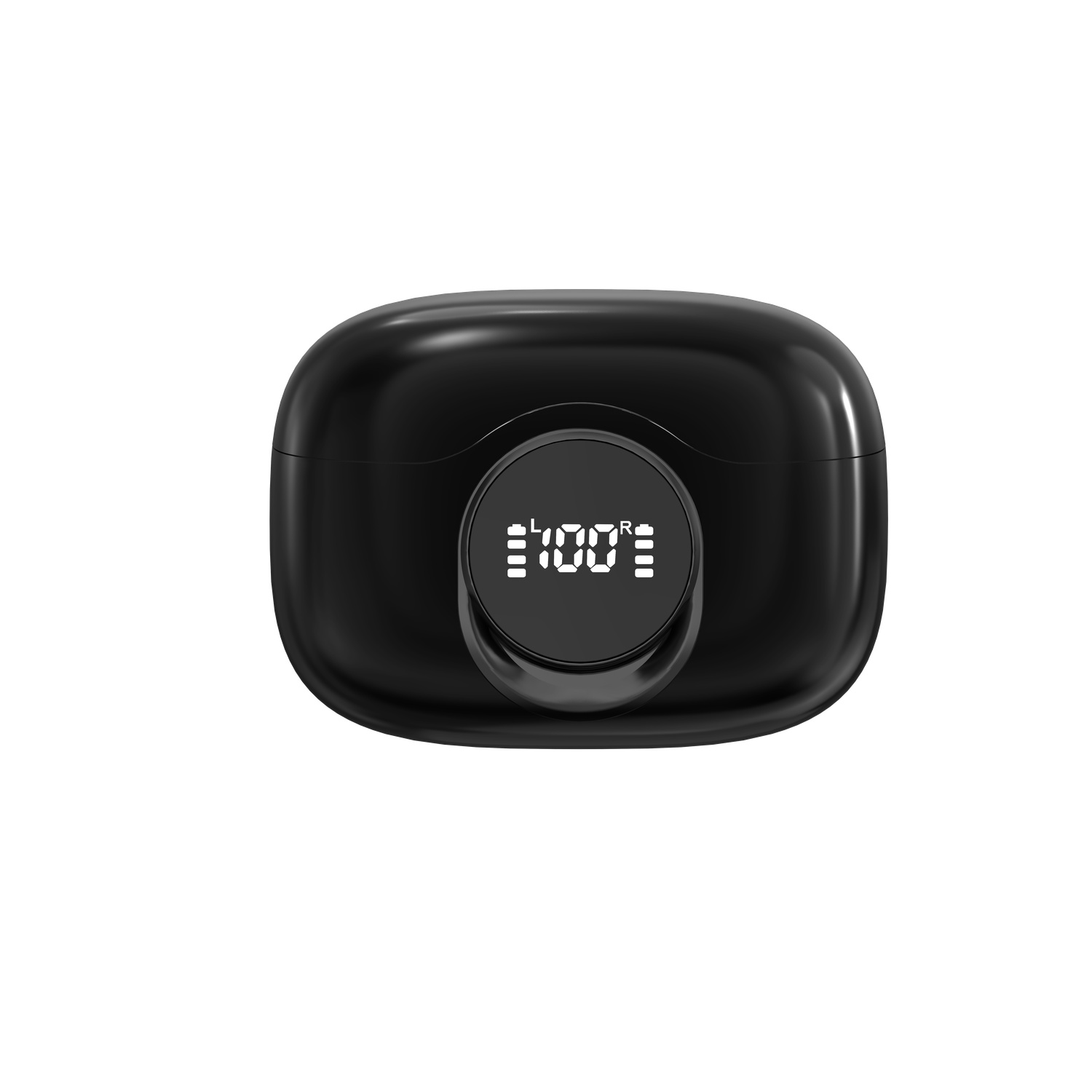 A black, rounded charging case. A small screen shows '100%'. The design is sleek and modern, with a glossy finish.