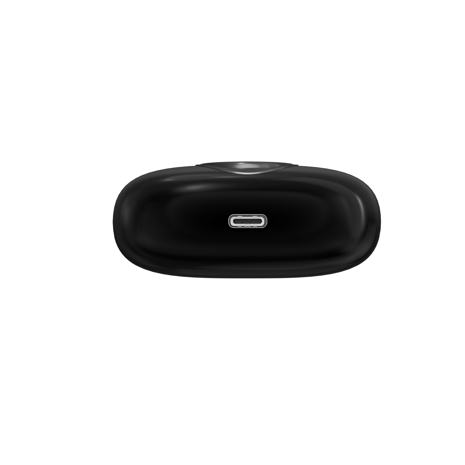 A black, oval-shaped device, likely a charging case, with a USB-C port at the bottom. The background is plain white.