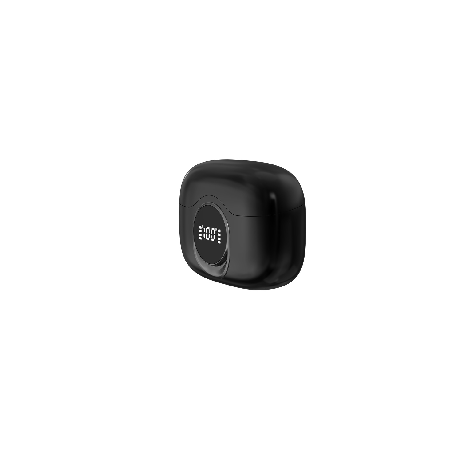 Black, rounded earbud charging case with a digital display showing 100% charge. Set against a white background.