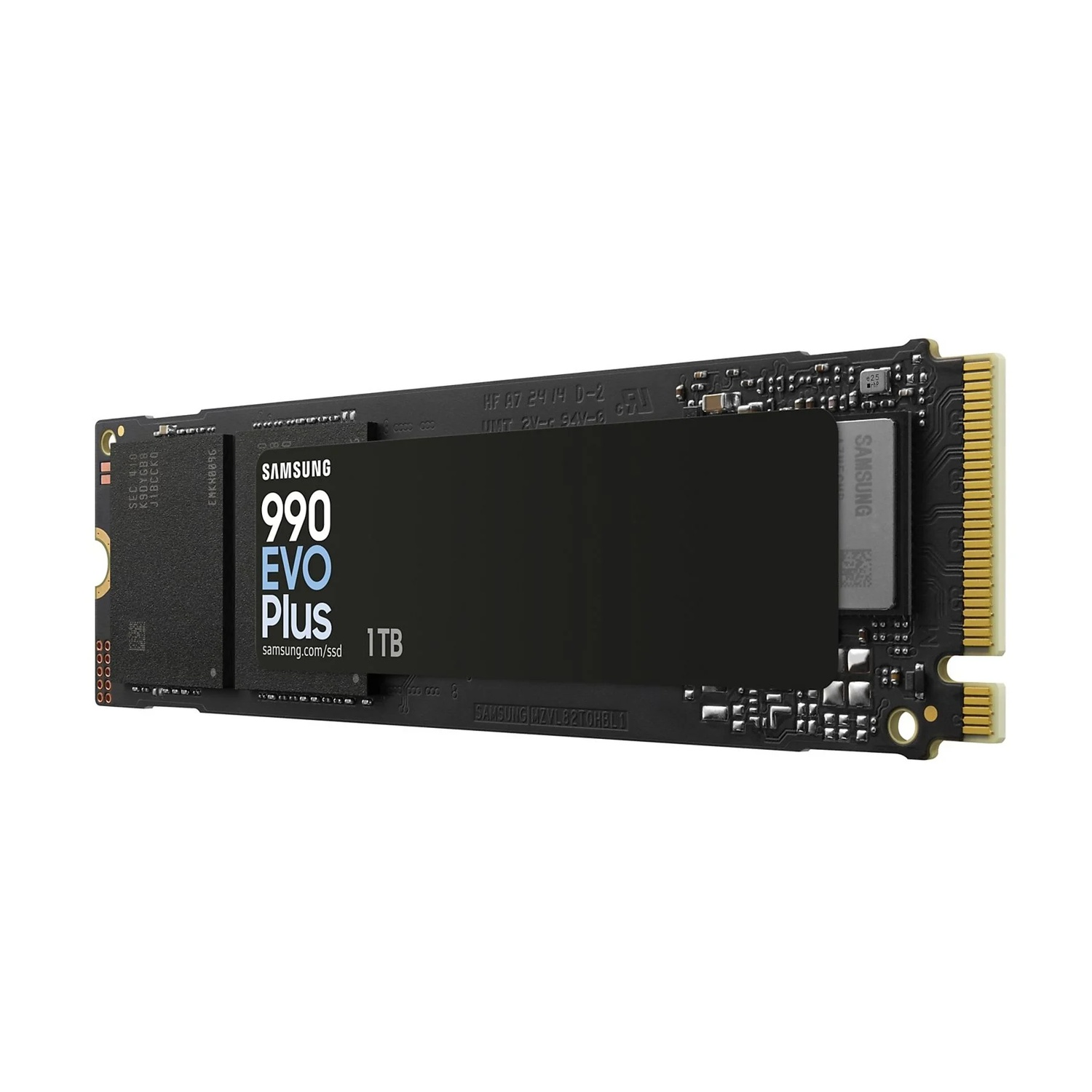 A Samsung 990 EVO Plus 1TB SSD on a white background. The card is black with white text and gold connectors on the right.