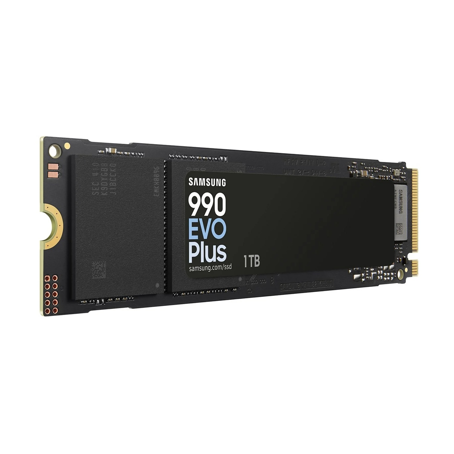 A Samsung 990 EVO Plus 1TB SSD is shown on a white background. The SSD is black with white and blue text.