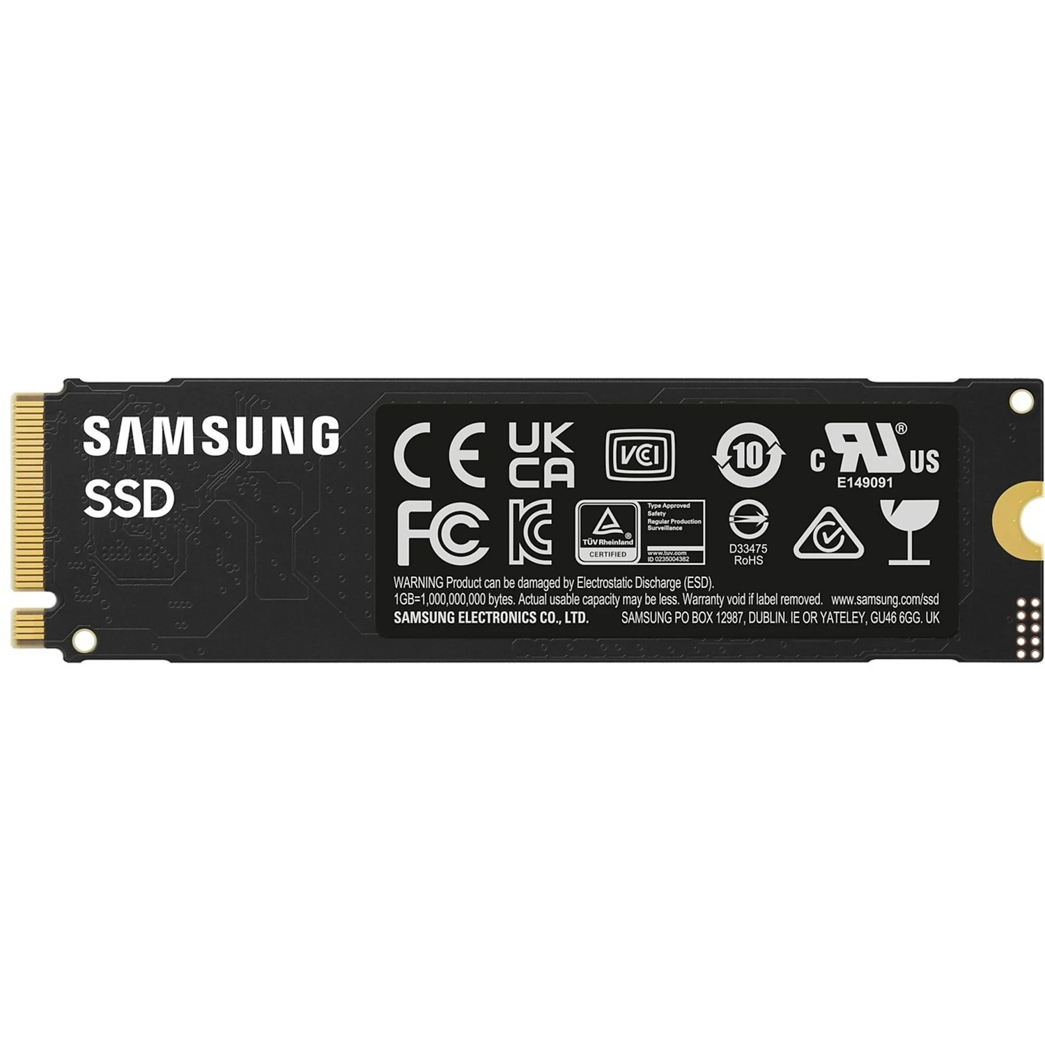 A Samsung SSD card. It has the Samsung logo, various certifications, and text. The card is black with gold connectors and white text.