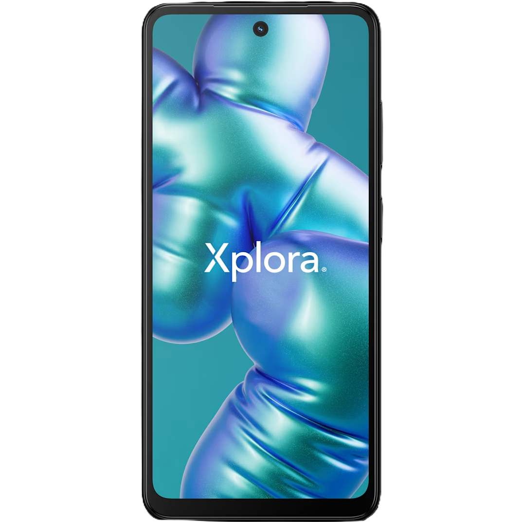Schwarzes Smartphone mit einem Bildschirm, der eine abstrakte Form in Türkis und Blau und das weiße Wort "Xplora" zeigt.