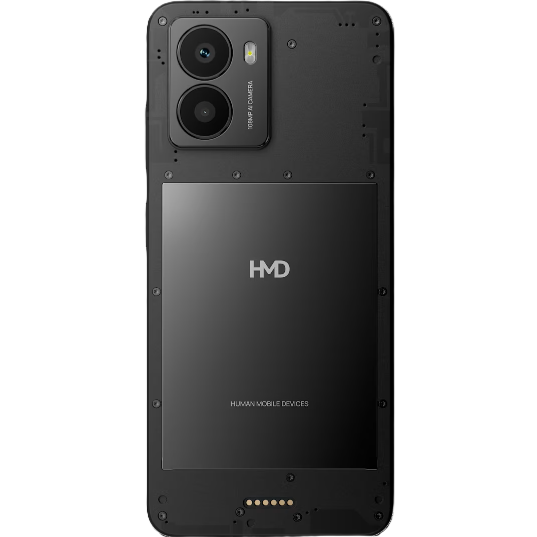 Schwarze Smartphone-Rückseite, zwei Kameras, HMD-Logo und Text "Human Mobile Devices". Es hat einen dunkelgrauen Rahmen mit Schrauben.