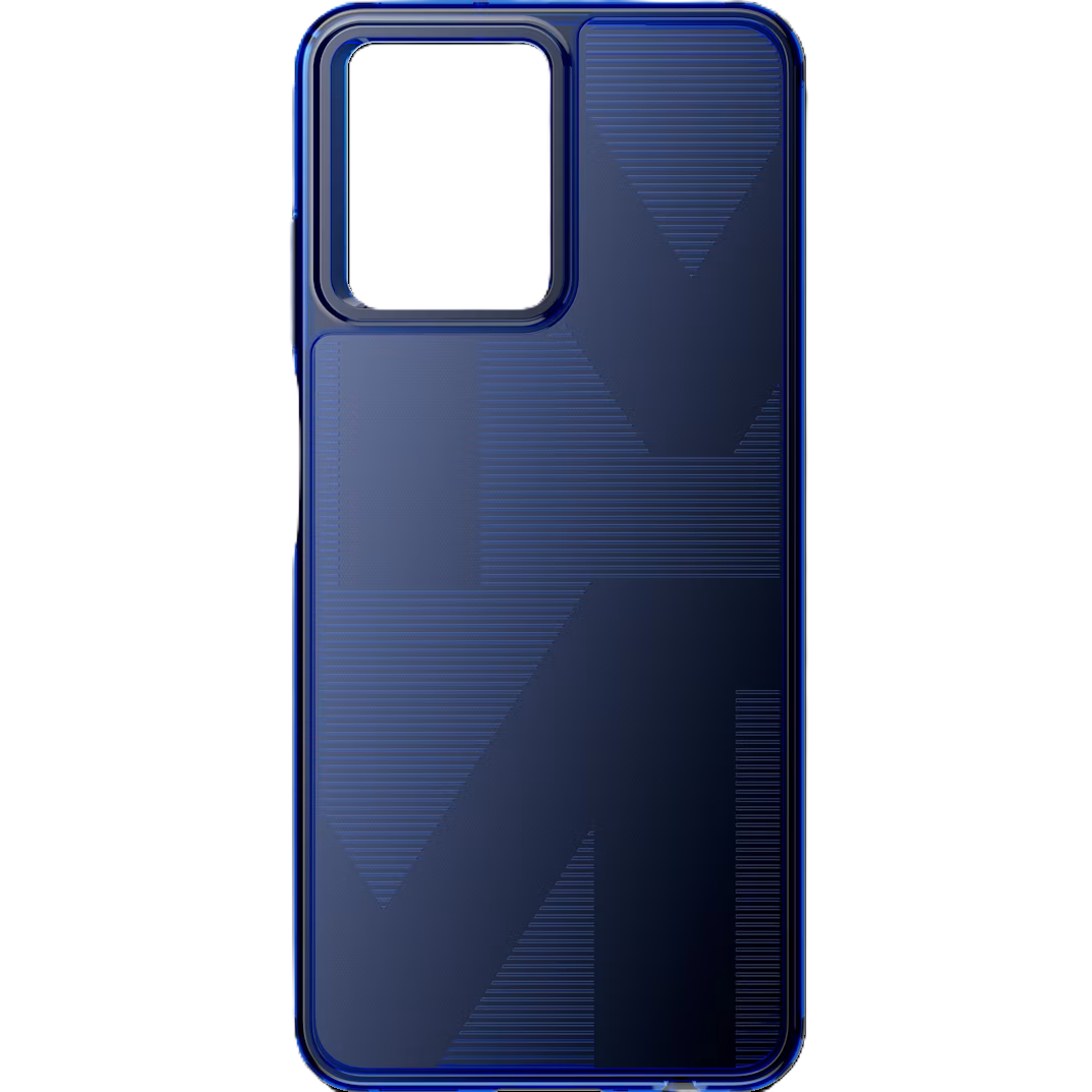Eine marineblaue Handyhülle mit quadratischem Kameraausschnitt. Die Hülle hat ein strukturiertes Muster und einen transparenten blauen Rahmen.