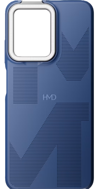 Eine blaue Handyhülle mit weißem Kameraausschnitt. Die Hülle hat ein strukturiertes Design mit den Buchstaben HMD.