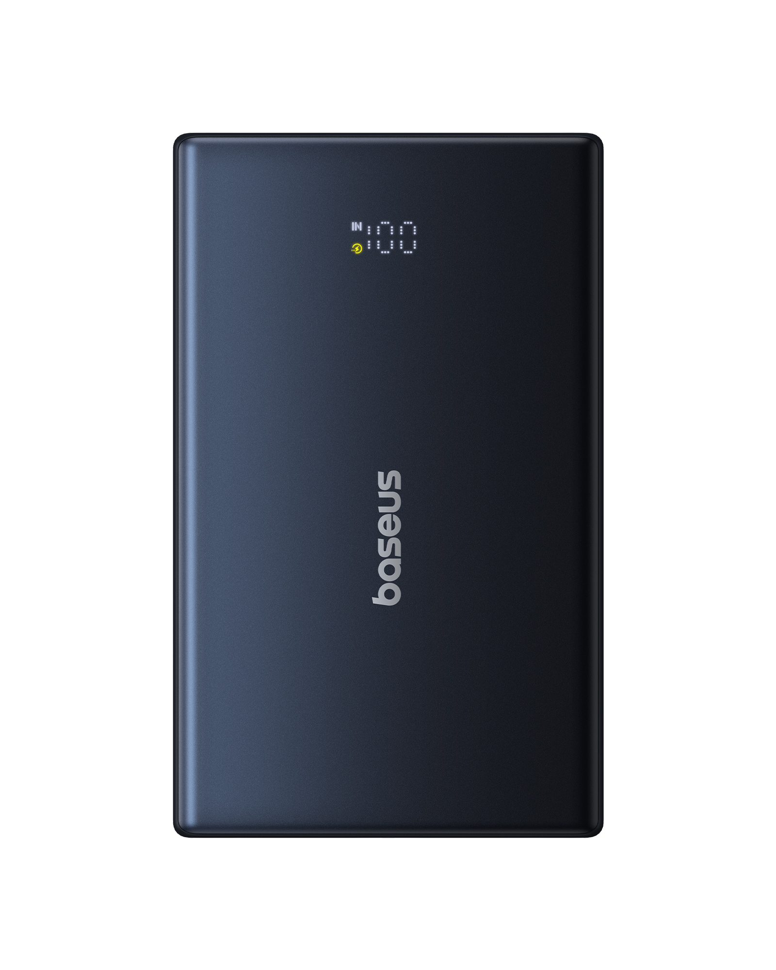 Dijital ekranında %100 şarj gösteren, koyu mavi bir Baseus powerbank. Marka adı cihaz üzerinde basılı.