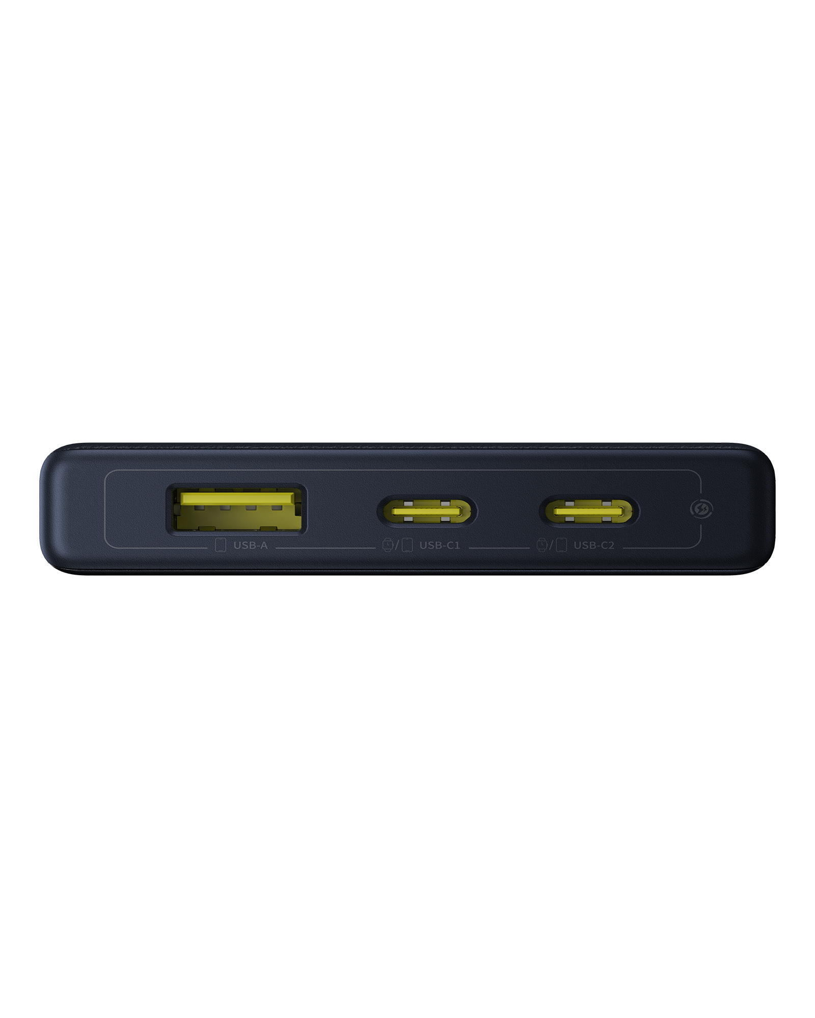 Sarı USB-A ve USB-C bağlantı noktalarına sahip siyah bir powerbank. Cihaz beyaz bir arka plan üzerinde.