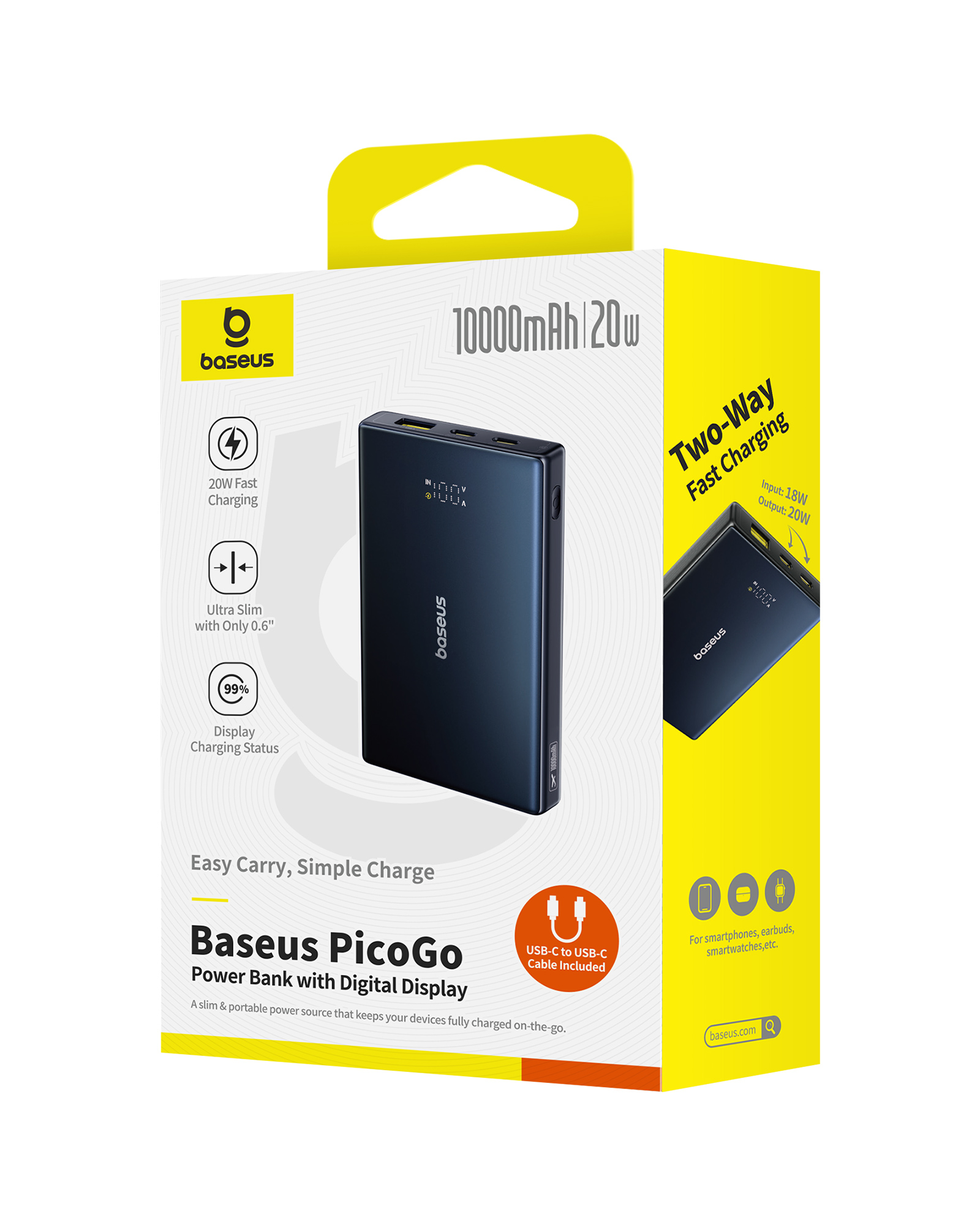 Baseus PicoGo powerbank kutusu. Şarj durumunu gösteren dijital ekranlı, koyu mavi bir powerbank'e sahip.