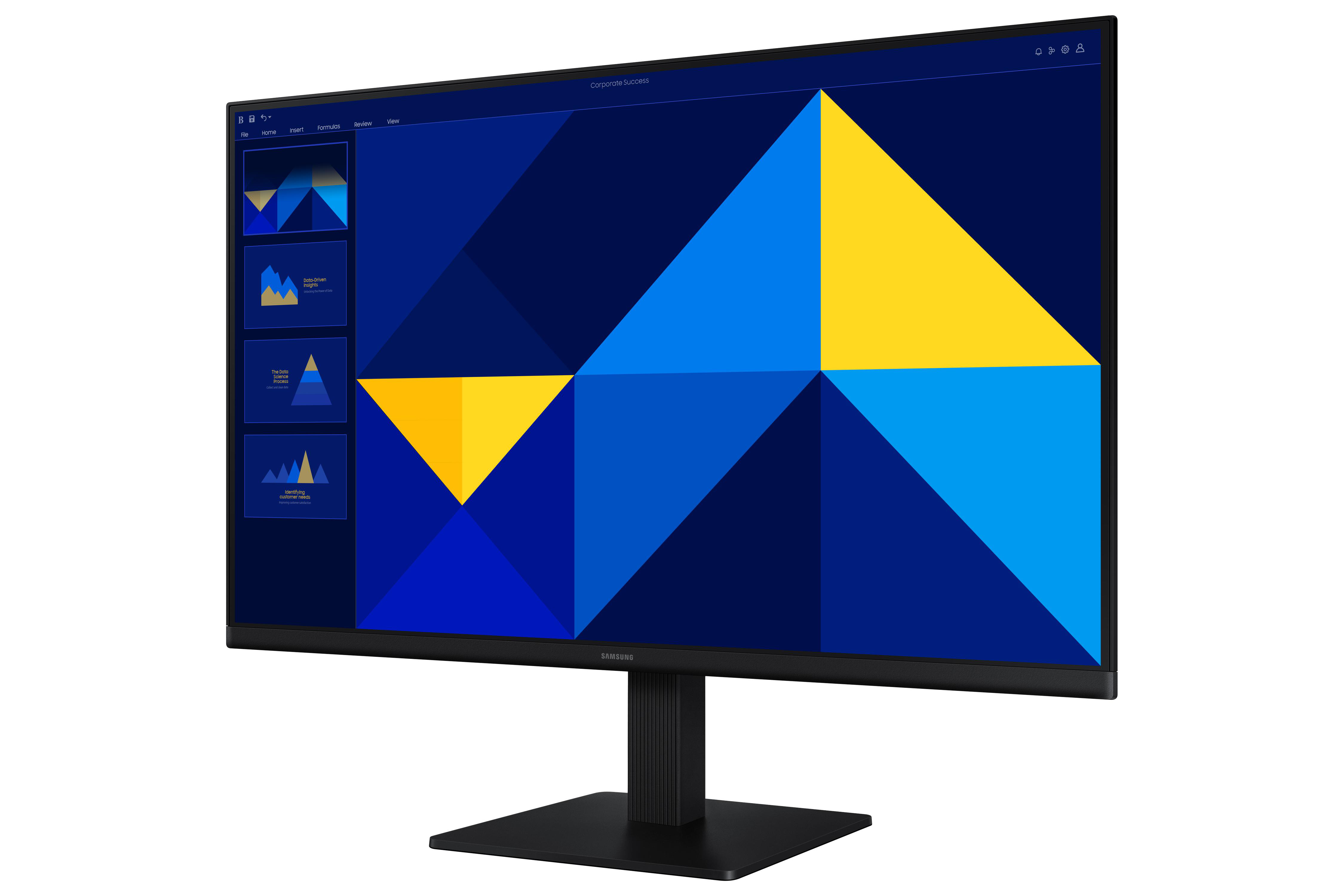 Ein Monitor zeigt eine Präsentation mit blauen und gelben geometrischen Formen. Der Monitor steht auf einem schwarzen Ständer.