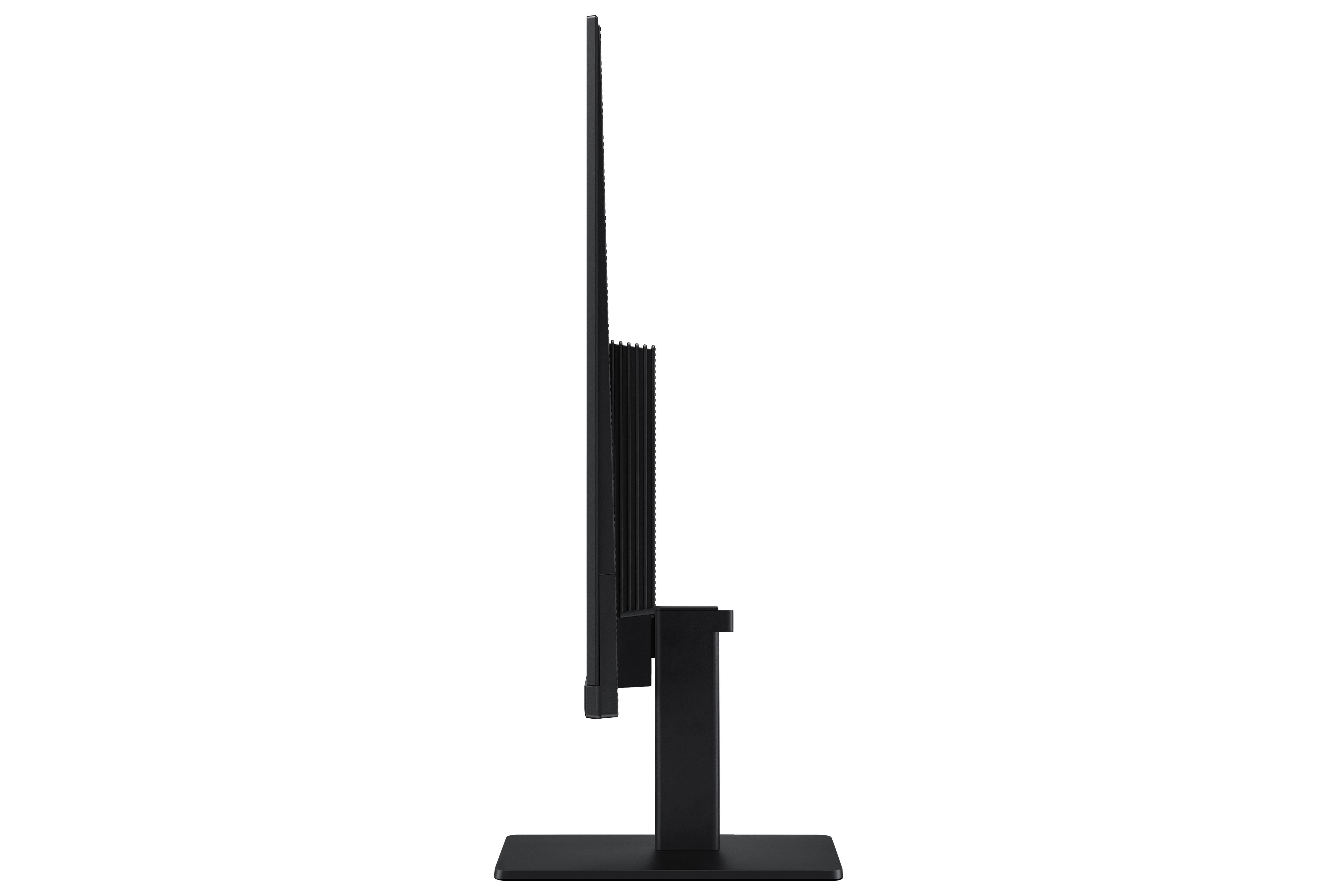 Seitenansicht eines schwarzen Computermonitors mit Ständer. Der Hintergrund ist weiß.