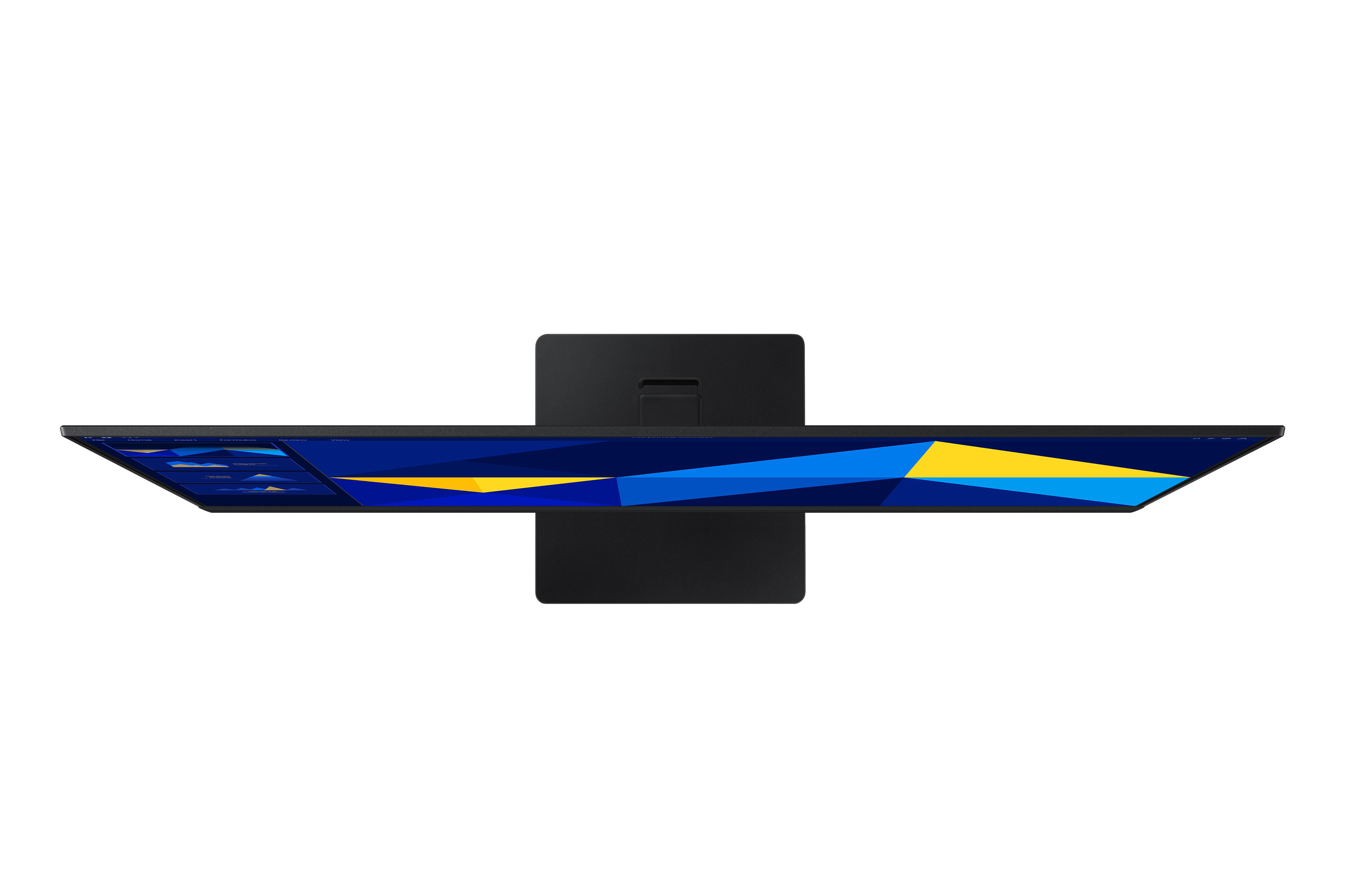 Draufsicht auf einen schwarzen Computermonitor mit blauem und gelbem geometrischem Design, vor weißem Hintergrund.