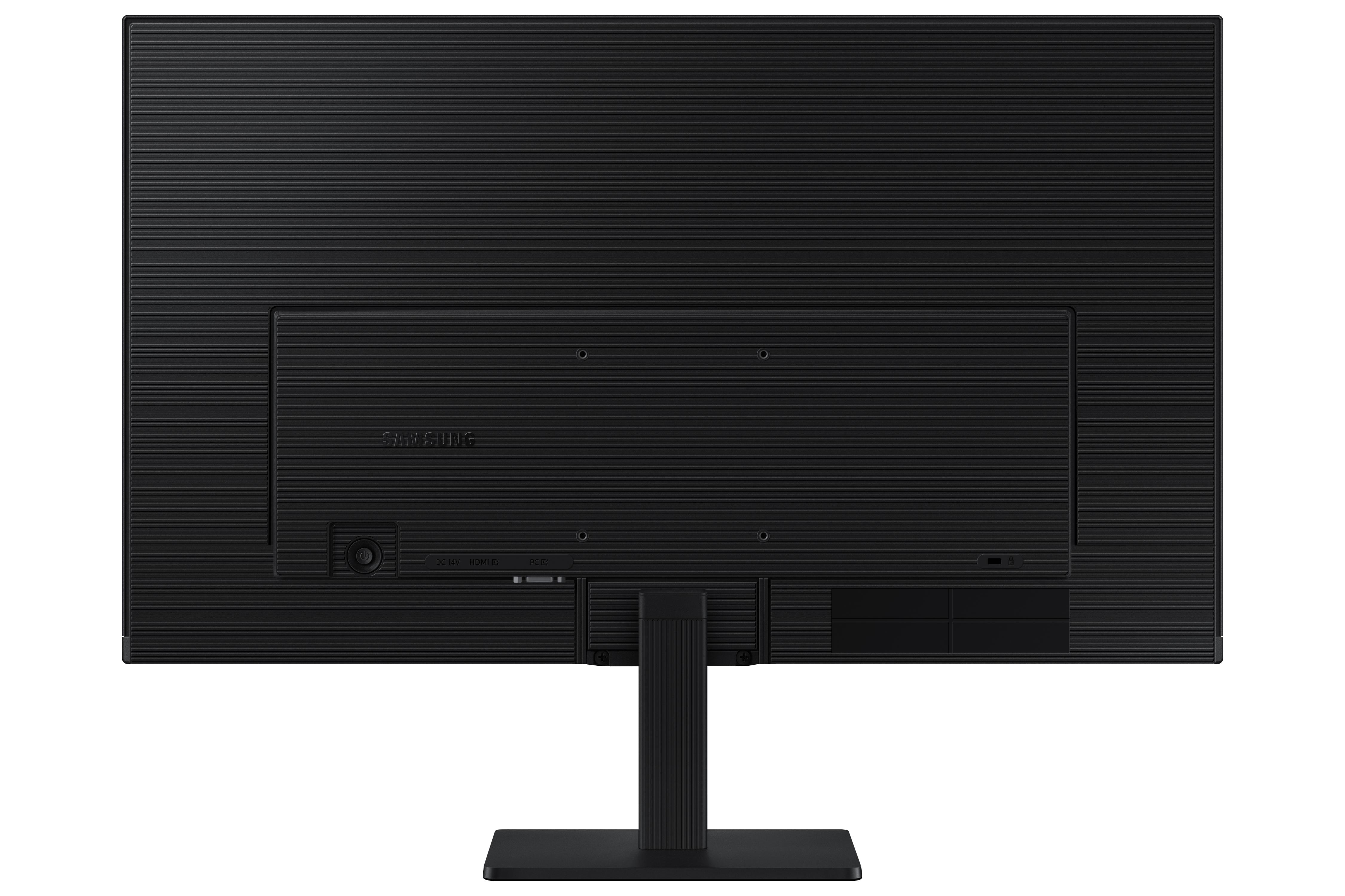 Rückseite eines schwarzen Samsung-Monitors. Er hat eine strukturierte Oberfläche, Anschlüsse und einen Ständer.
