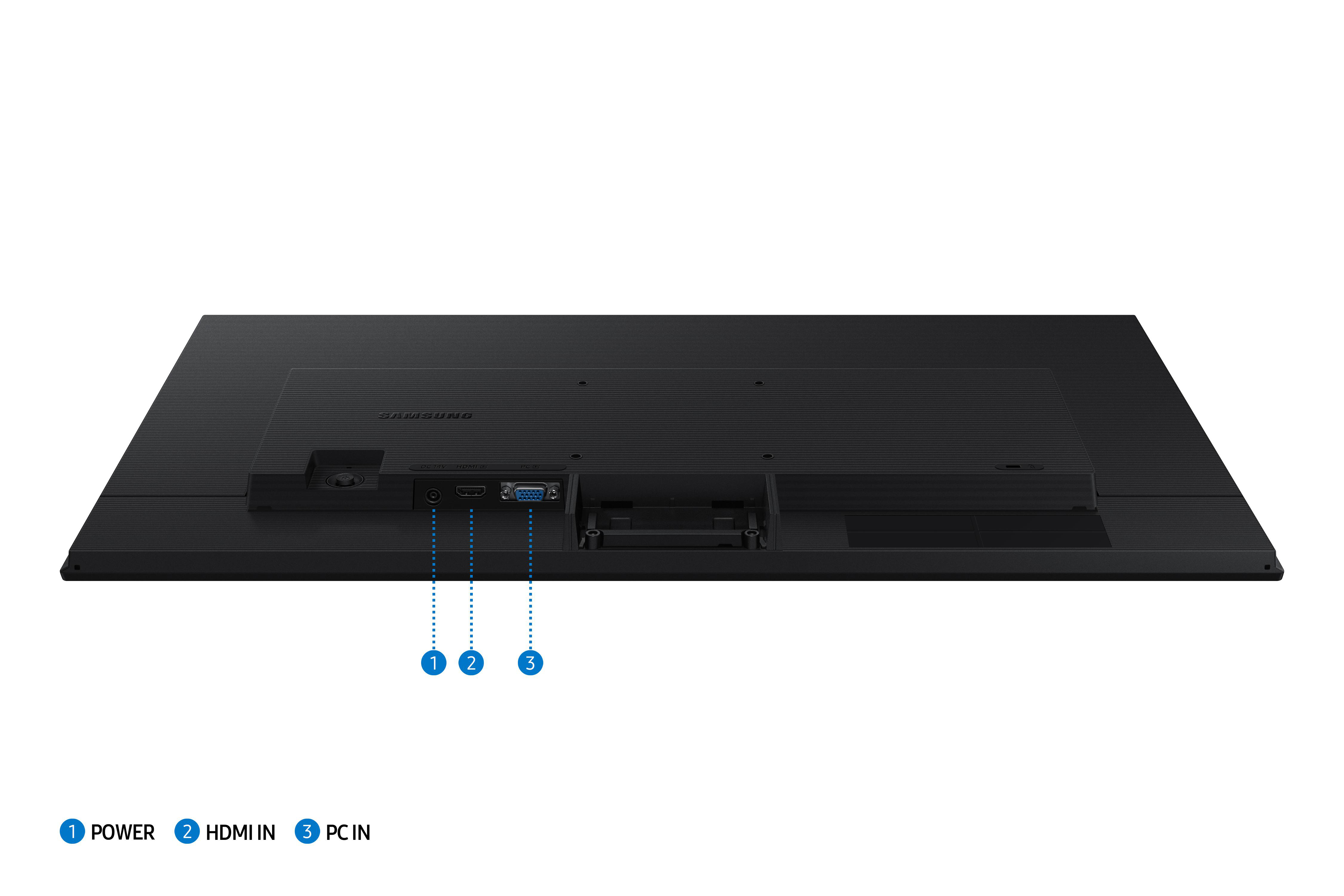 Rückansicht eines schwarzen Samsung-Monitors. Anschlüsse sind beschriftet: Strom, HDMI-Eingang und PC-Eingang. Der Monitor steht vor weißem Hintergrund.