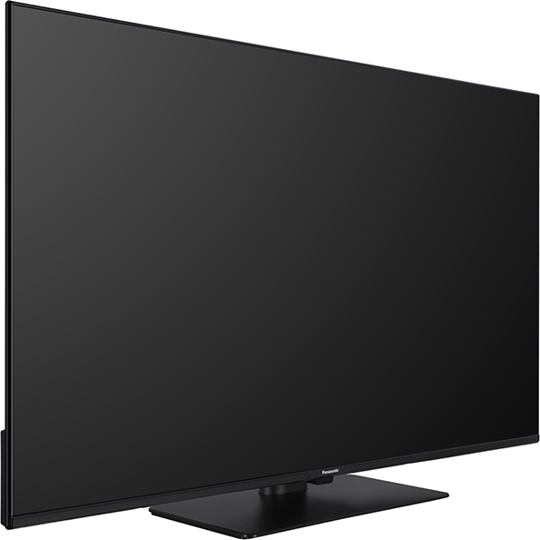 Egy nagyméretű, fekete Panasonic TV a néző felé van fordítva. Vékony kerete és téglalap alakú talpa van.
