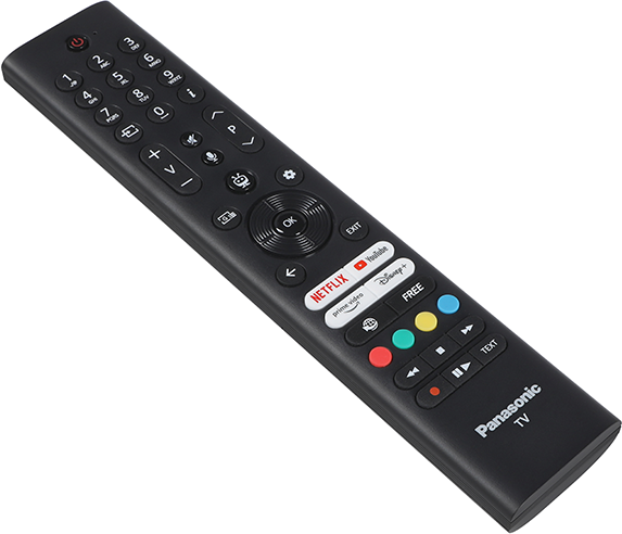 Fekete Panasonic TV távirányító, sok gombbal, beleértve a számokat, navigációt, Netflixet, YouTube-ot és hangerőszabályzókat.